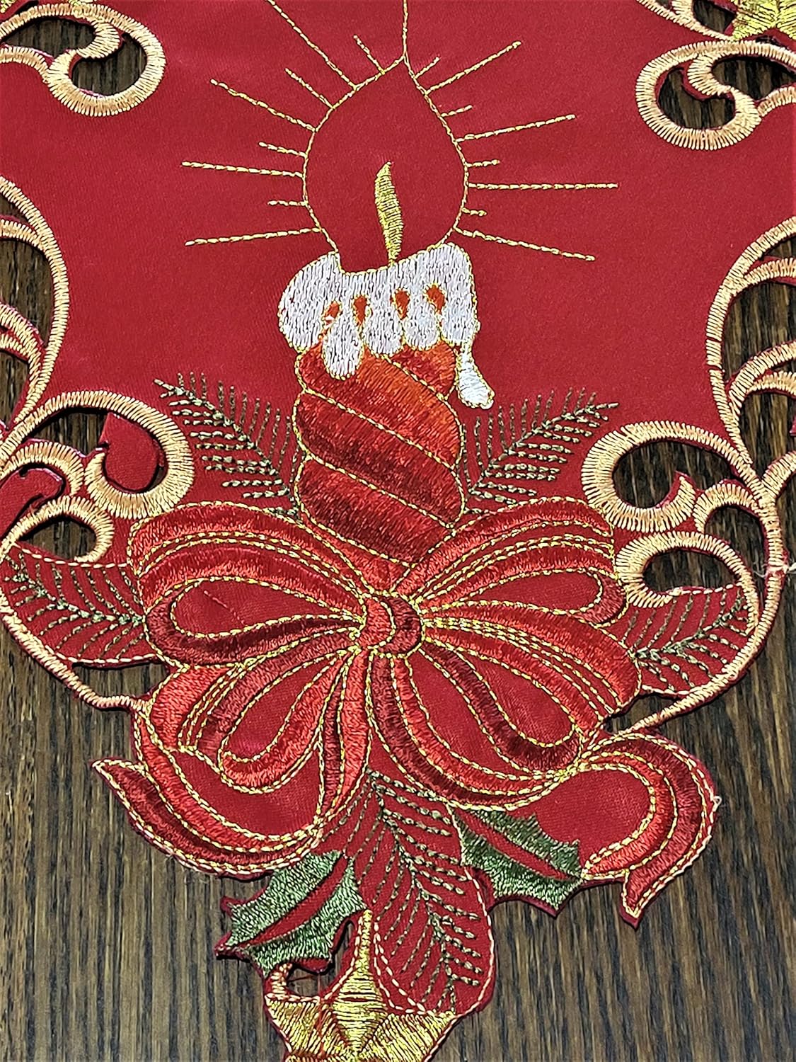 Christmas Tablecloth or Table Topper Star Embroidered with Red Candles and Gold Stars on Red Fabric, Size 36 inches