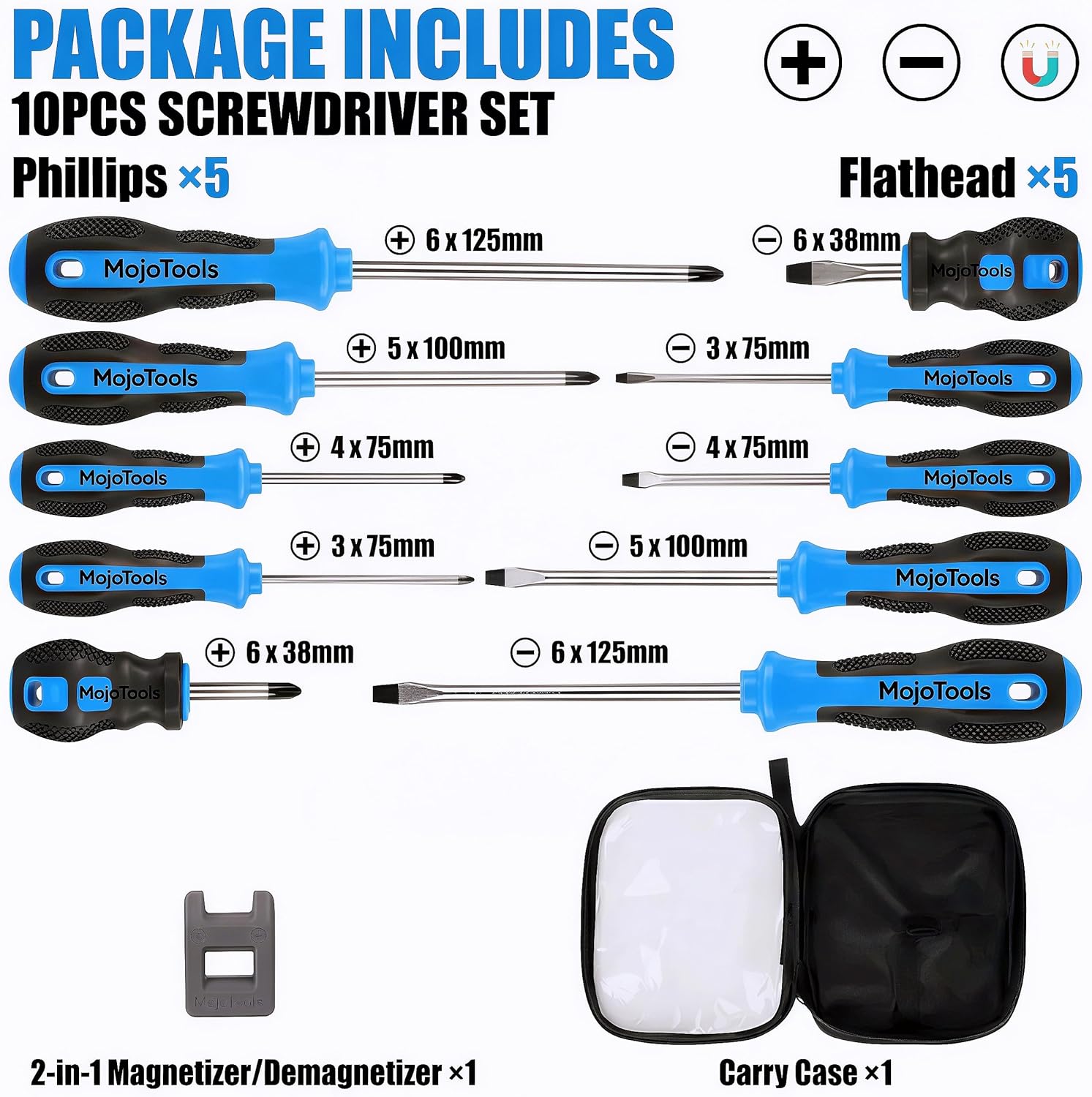 10-Piece Magnetic Screwdriver Set with Magnetizer/Demagnetizer, CR-V Steel, Phillips & Slotted, Hex Bolster Anti-Roll/Wrench Assist, Sizes Marked, EVA Zipper Pouch w/Securing Straps