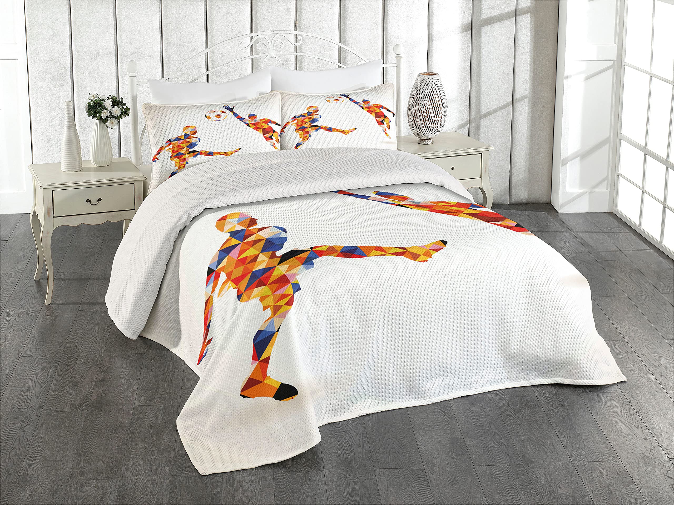 Ambesonne Sports Coverlet, Abstract Design with Football Soccer Players in Geometrical Colorful Shapes Print, 3 Piece Decorative Quilted Bedspread Set with 2 Pillow Shams, Queen Size, Lime Green White