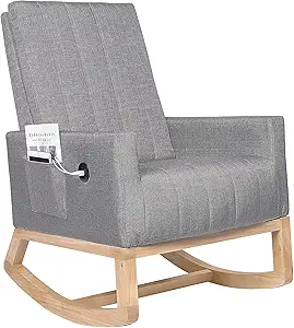 VECELO Rocking Chair Nursery, Modern Upholstered Glider Rocker with USB Port and Side Pocket, High Backrest Padded Seat Accent Armchair for Living Room, Nursery, Bedroom