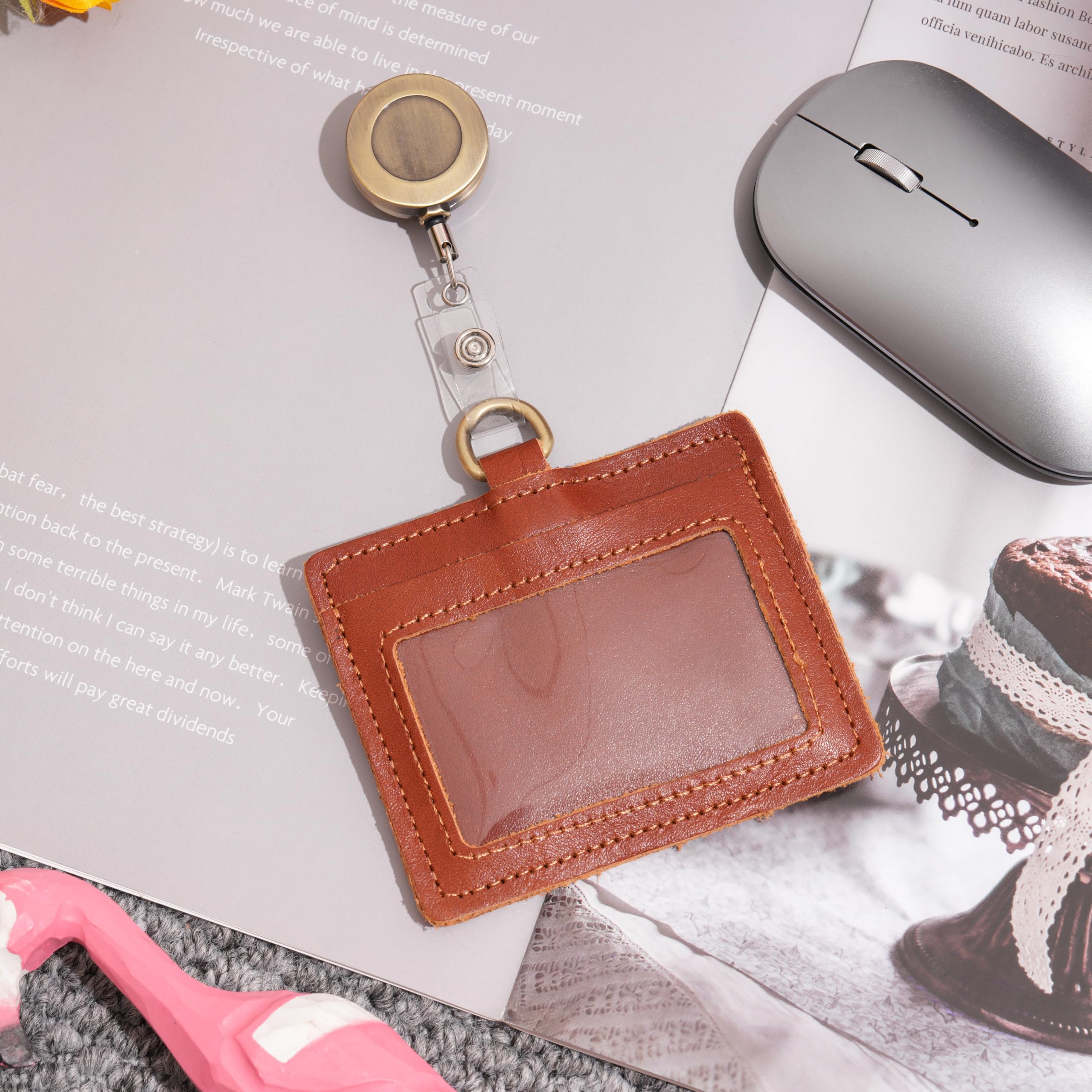 Wonderpool Leather Horizontal Badge Holder with Detachable Neck Lanyard and Retractable Badge Reel Clip - Image 3