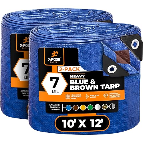 Xpose Safety 10’ x 12’ (2-Pack) Heavy Blue/Brown Tarp Waterproof - 7 Mil Weatherproof Camping Tarp for Tent, Rain, Wind & Sun Plastic Tarpaulin Cover Outdoor for Roof, Trailer, RV, Car, Boat