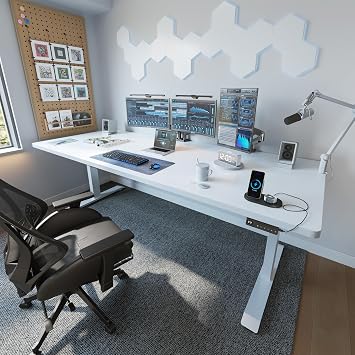 FEZIBO 71 x 37 Inch Electric Standing Desk with Integrated Dual-Beam & Cable Management, Memory Height Adjustable Computer Desk for Home Office Workstation, 1 Thick Large 3-Piece Tabletop White