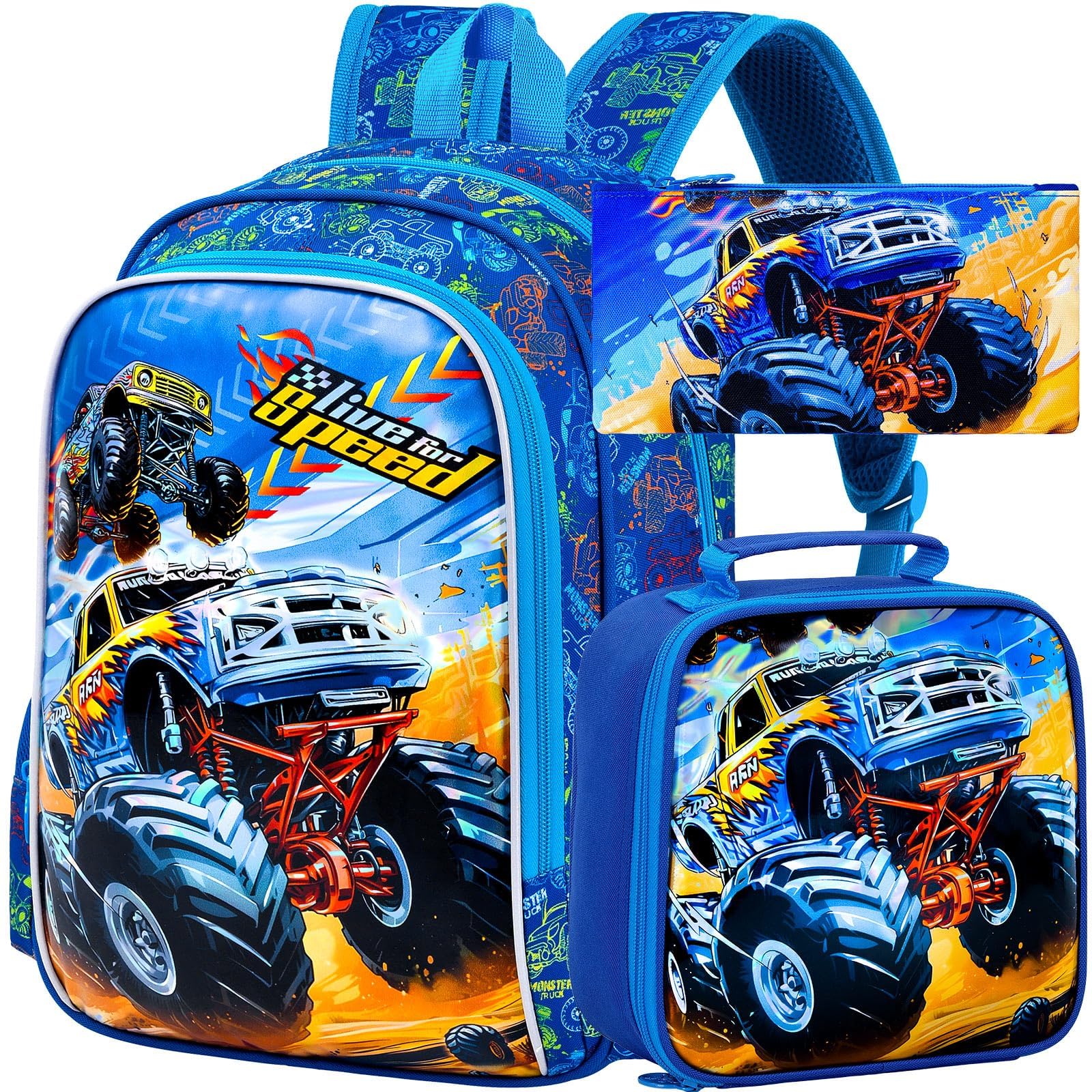 KLFVB 3PCS Boys Truck Backpack, Water Resistant Kids Bookbag with Lunch Box, 16