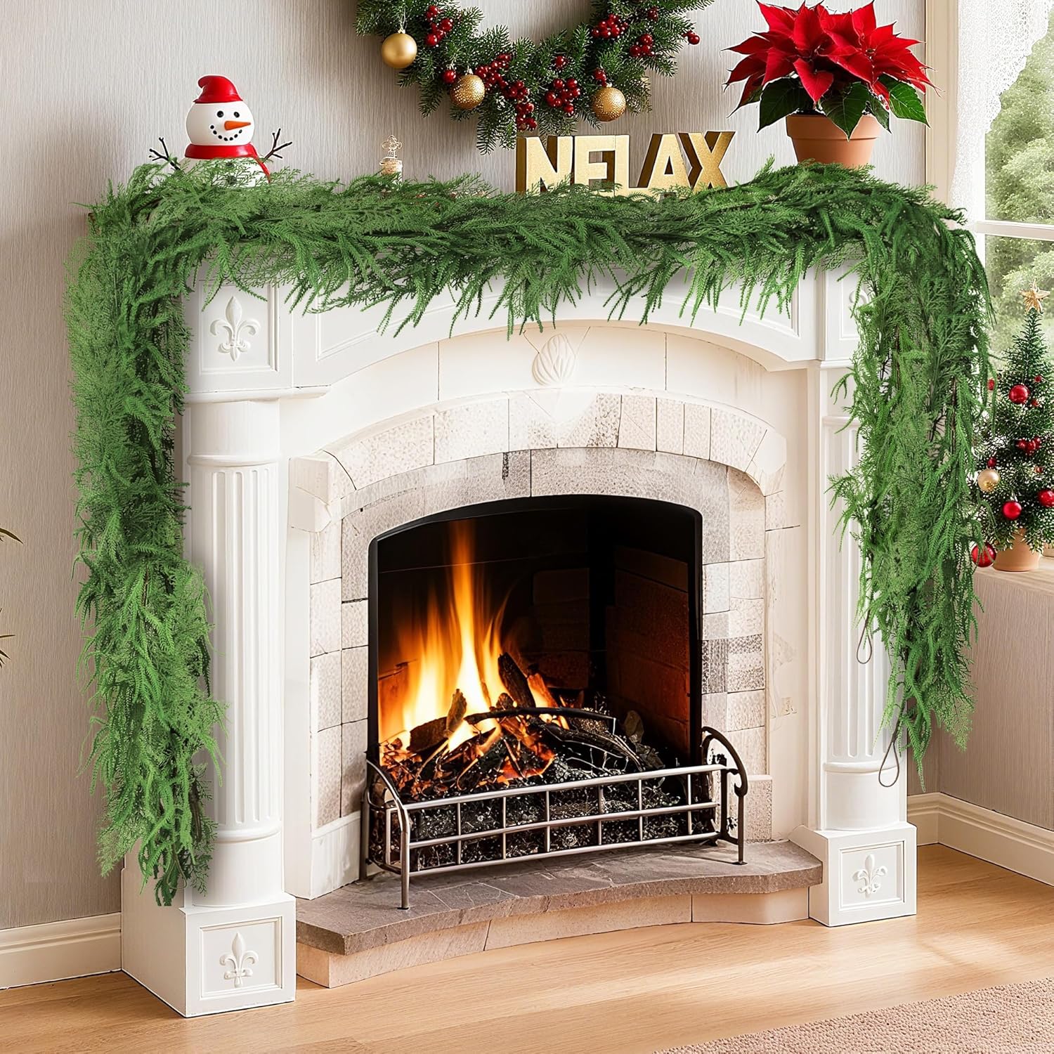 Suntee 12FT Christmas Garland with Cedar & Norfolk Pine Branches, Artificial Real Touch Garlands for Decoration Xmas Indoor Outdoor, Realistic Christmas Garland for Mantle, Stairs Railing, 1 Pack 12FT Garlands 1