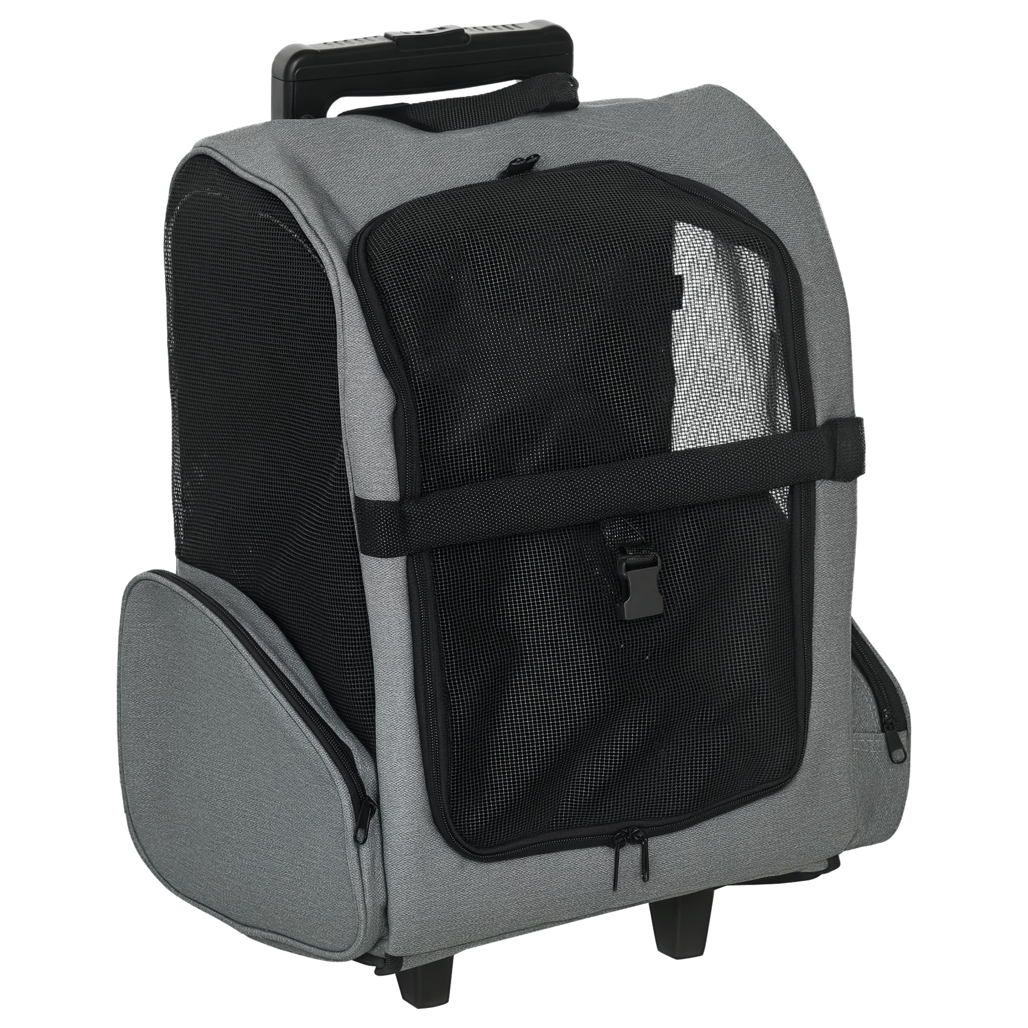 PawHut Transportín Carrito para Mascotas 2 en 1 Mochila de Viaje con 2 Ruedas para Perros Gatos con Asa Retráctil de Aluminio y Bolsillos de Almacenaje 42x25x55 cm Gris