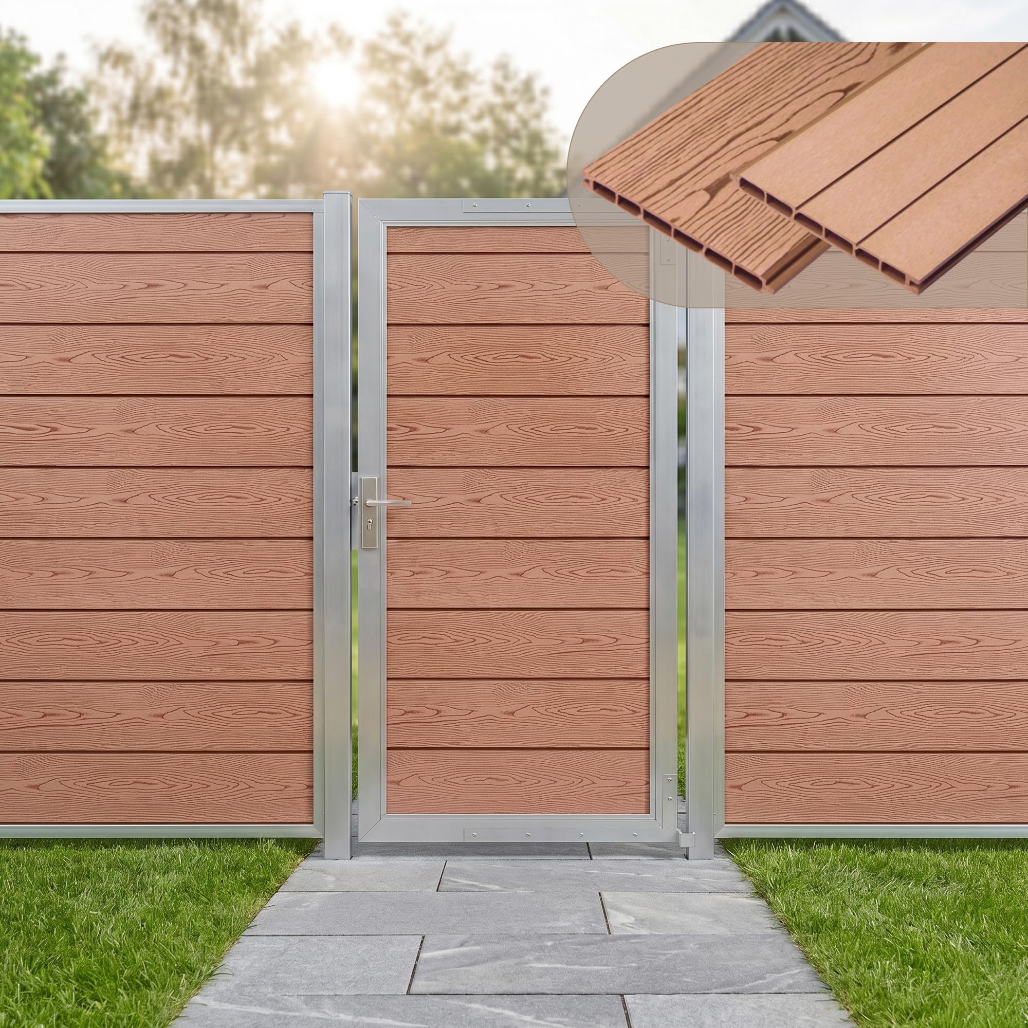 NEU.HOLZ Puerta de Jardin Segovia Resistente Puerta Exterior para Valla Exterior 90 x 180 cm con Cerradura y Llaves Marco de Aluminio y Lamas de WPC - Marrón