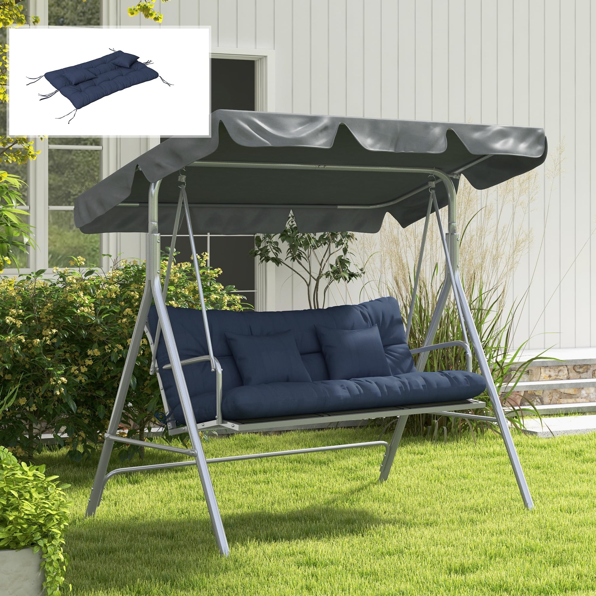Outsunny Juego de 4 cojines de asiento, 150 x 50 cm, resistentes al agua, con lazos, diseño anudado, 10 cm de grosor, acolchado para columpio, cojín para asiento, para casa, jardín, sofá, azul marino