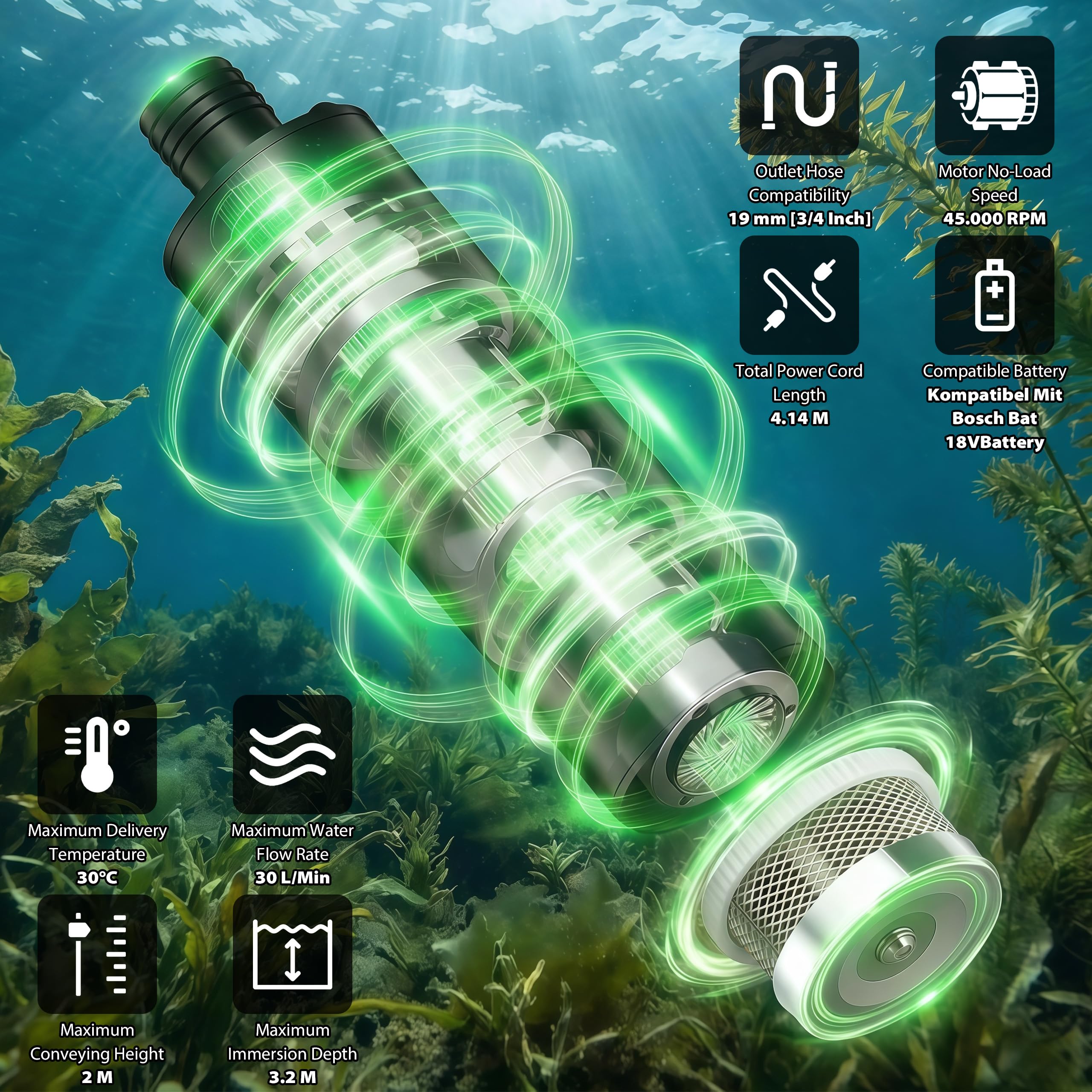 Pompe à eau compatible avec batterie Bosch BAT 18 V, pompe à eau submersible, pompe de transfert d'eau portable pour jardin, réservoir, piscine, étang, aquarium, irrigation et camping
