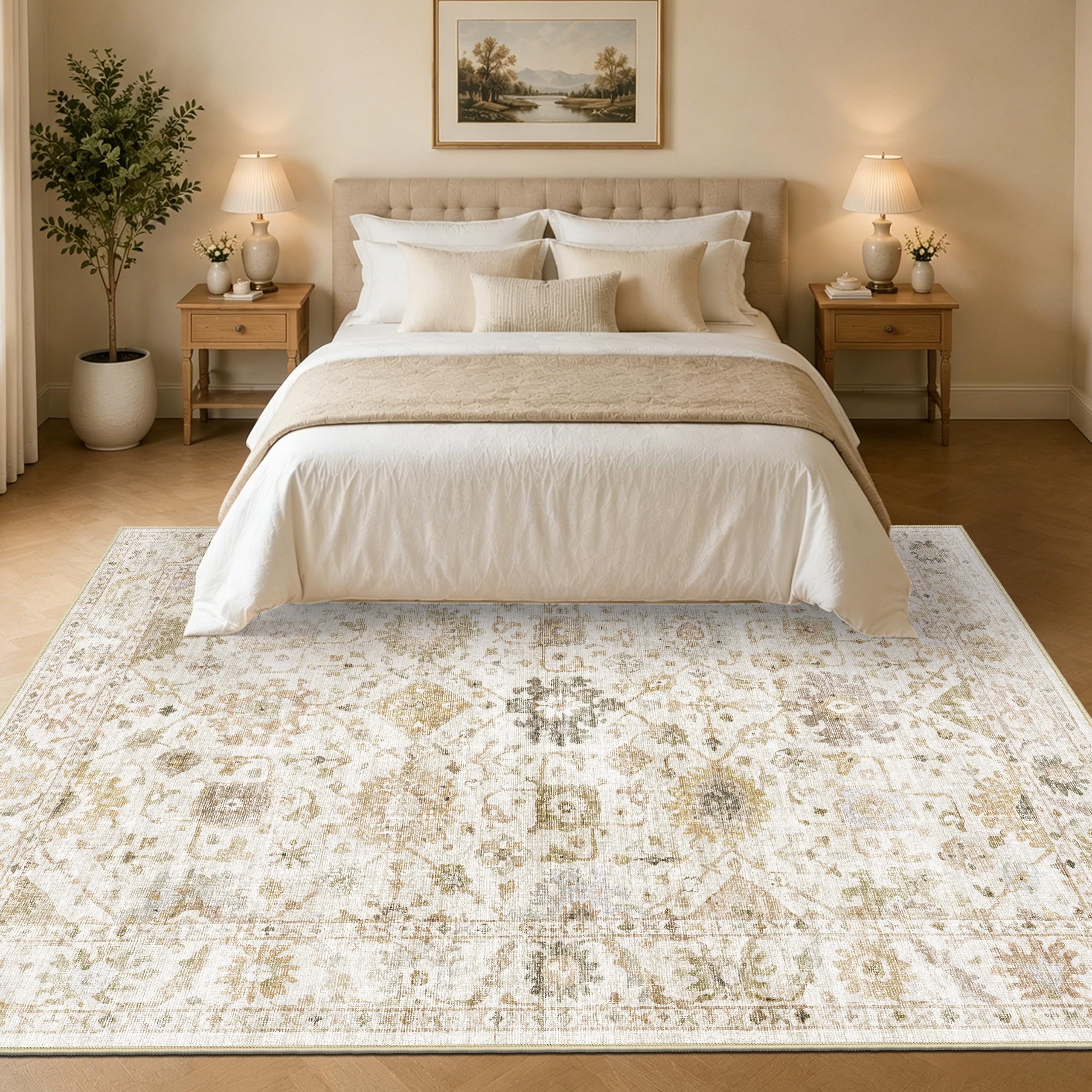 Capslpad Tapis vintage à poils courts, antidérapant, lavable, style bohème, doux, pour salon, chambre à coucher, bureau, salle à manger, 160 x 230 cm, beige