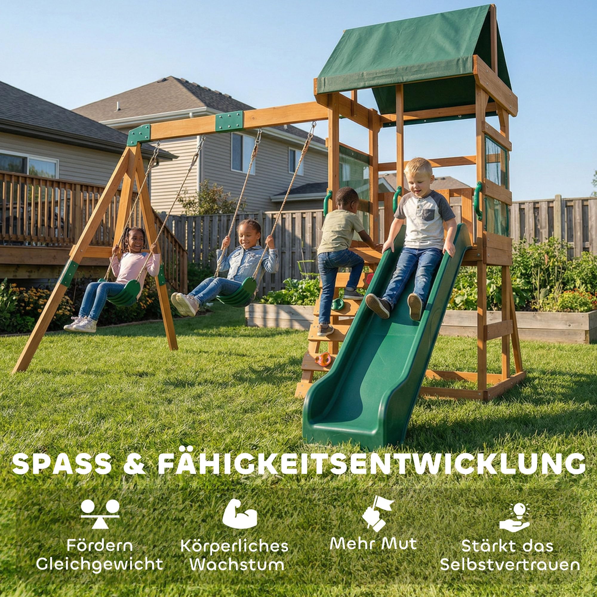 AIYAPLAY Wieża zabaw z huśtawkami, zjeżdżalnią 194,5 cm, ścianą wspinaczkową, zadaszoną platformą drewnianą dla dzieci 3-8 lat 315x284x233 cm
