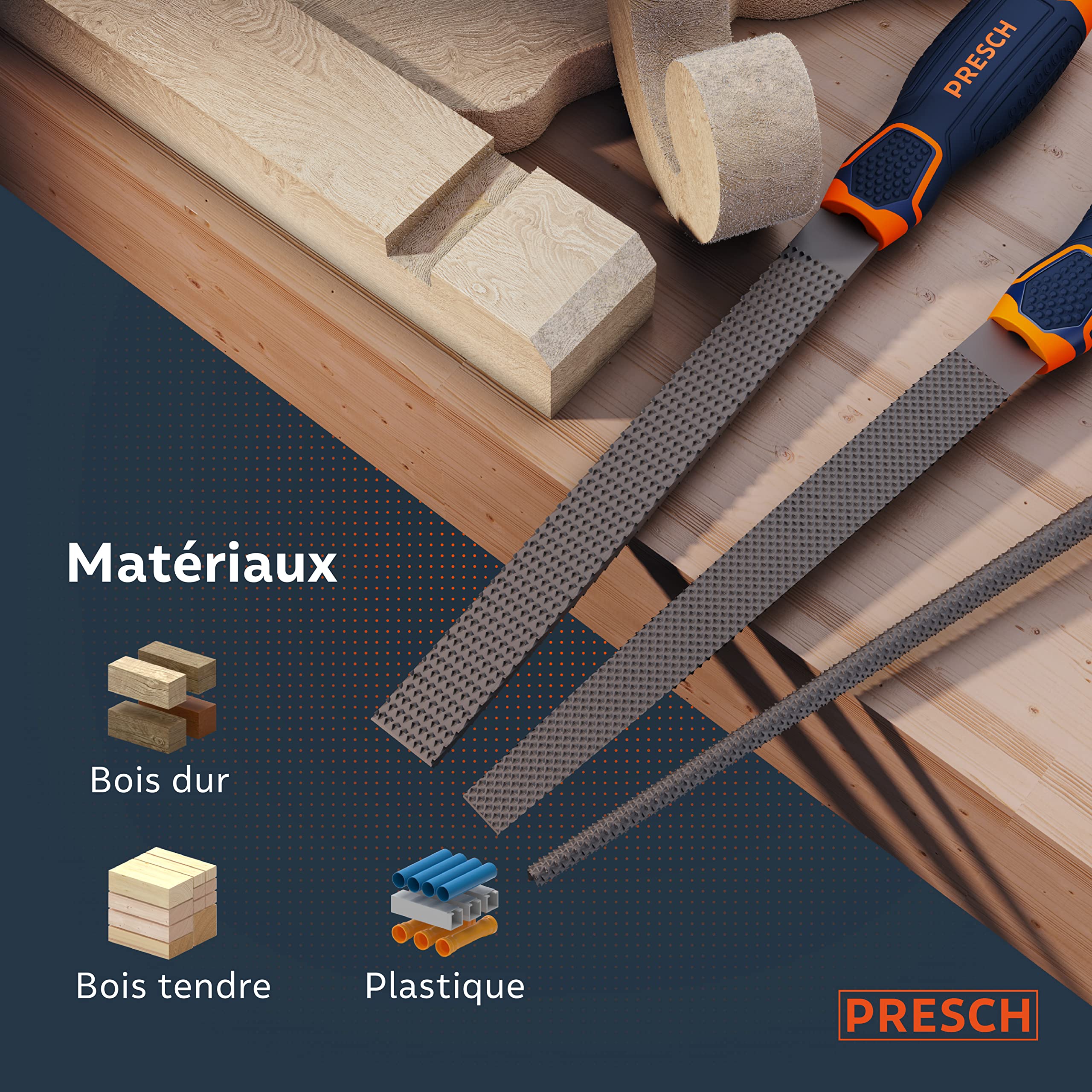 Presch Set de 3 râpes à bois avec sacoche - Set de râpes H2 de haute qualité comprenant une râpe à bout plat, une râpe demi-ronde et une râpe ronde - Râpe à bois