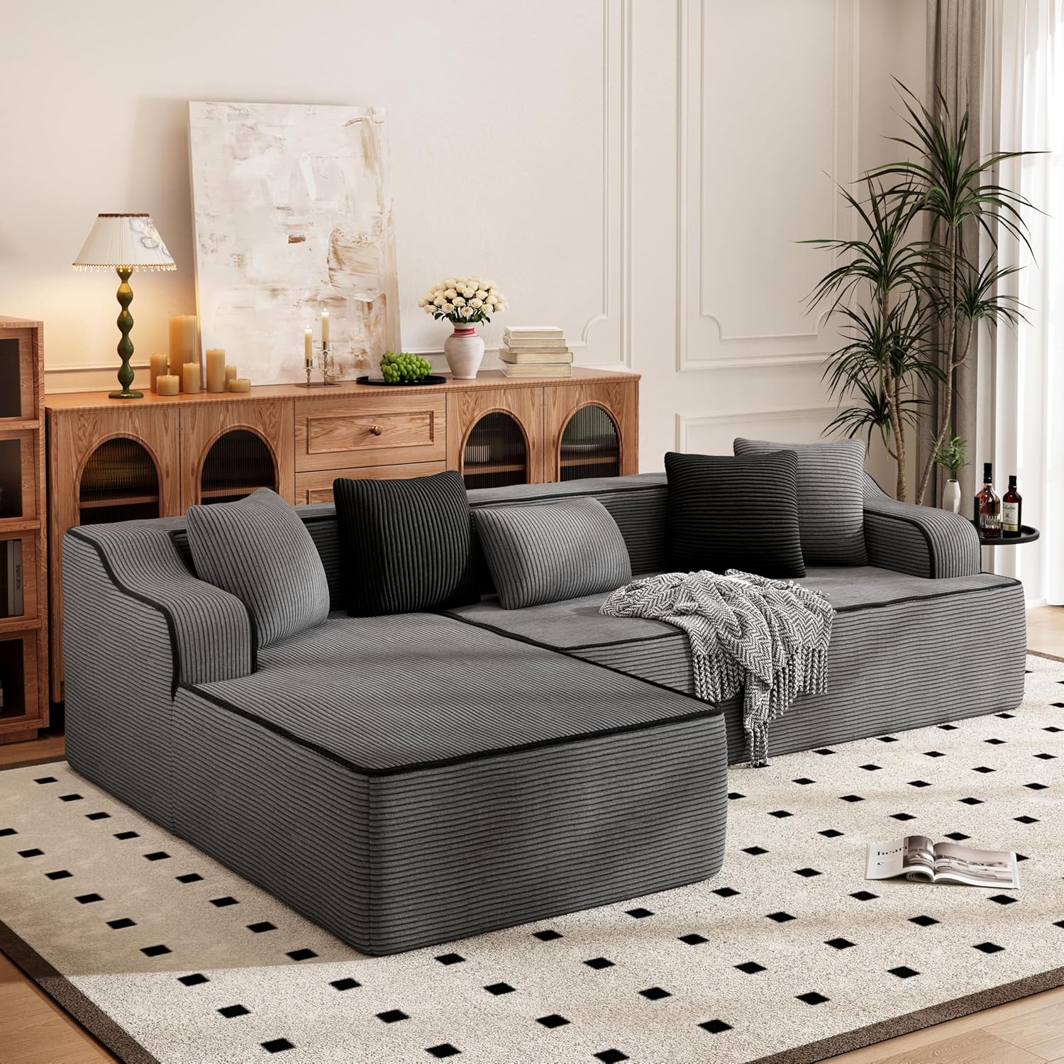 PHI VILLA 104" Cloud Sectional Sofa, Modern L-Shaped Couch with Deep Seat, Compressed Couches for Apartment Living Room, No Assembly Required, Corduroy, Grey