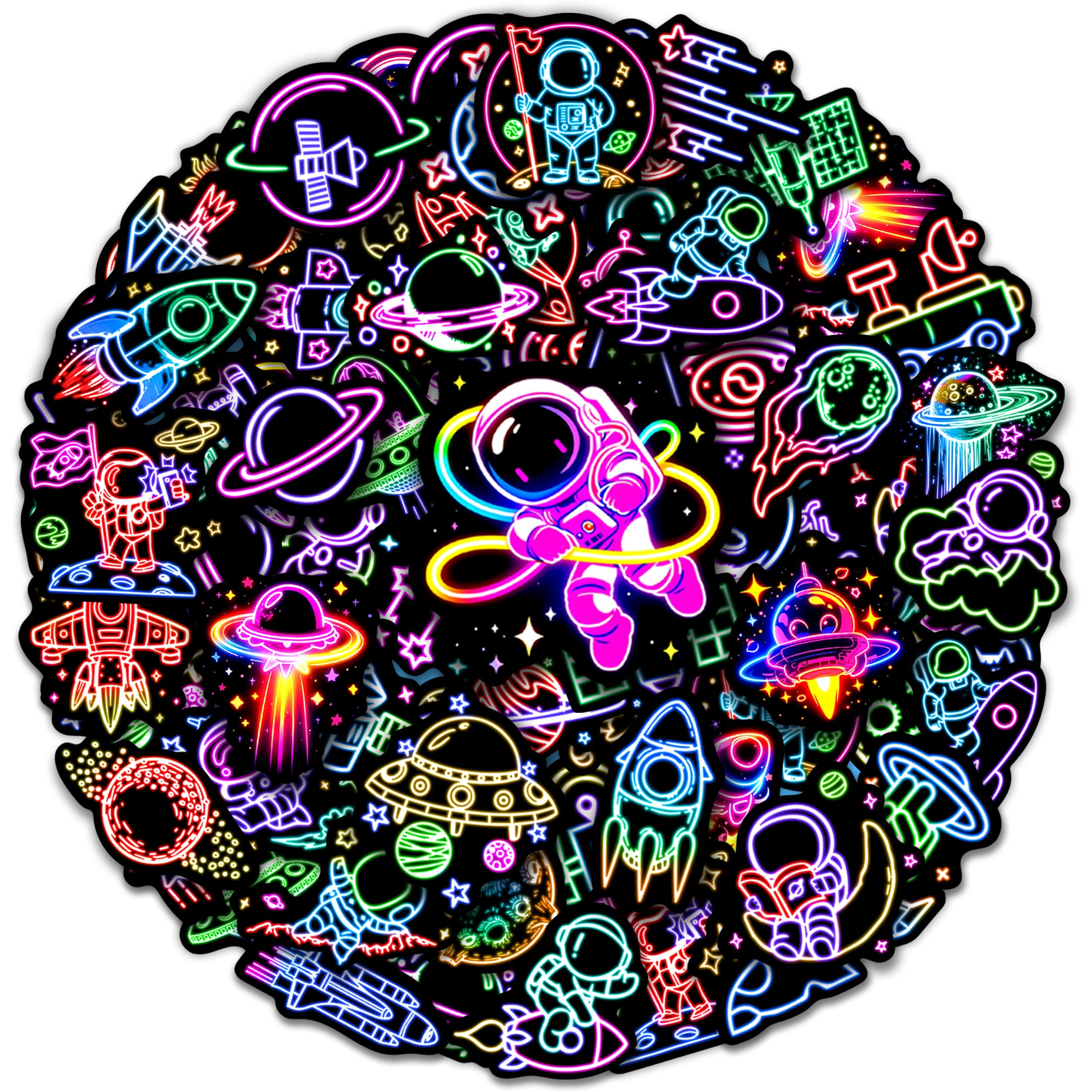 50 Pcs Neon Astronaut Stickers for Kids, Waterproof Space Sticker for Water Bottle, Vinyl Laptop Decals for Teens Girls Boys, Students Adults Sticker