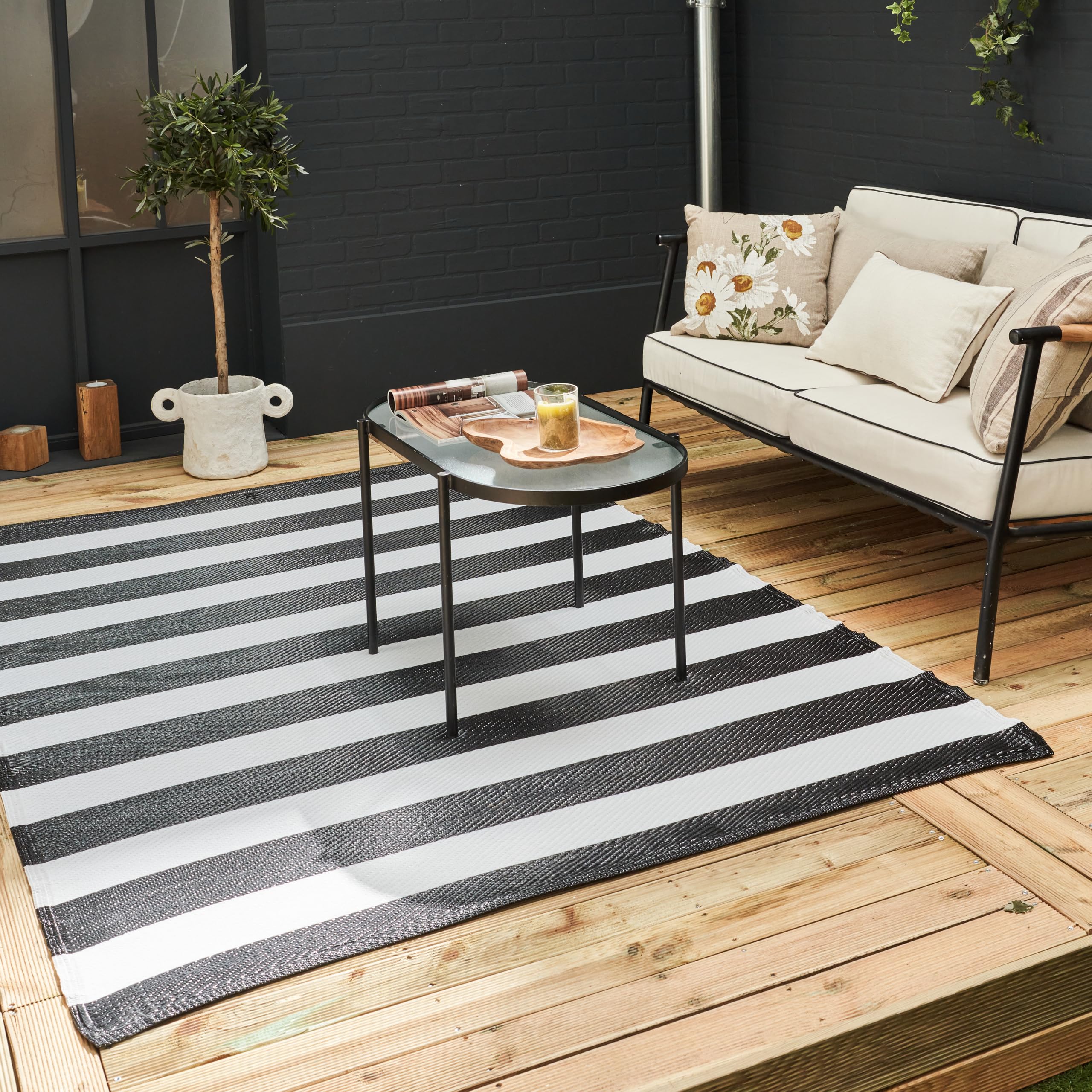 THE RUGS Rainbow Collection Outdoor Rug - Easy to Clean, Waterproof Plastic Outdoor Rugs for Garden, Patio, Balcony, Camping - Vibrant Plastic Straw Rug - Striped Black/White, 150x220 — image 1