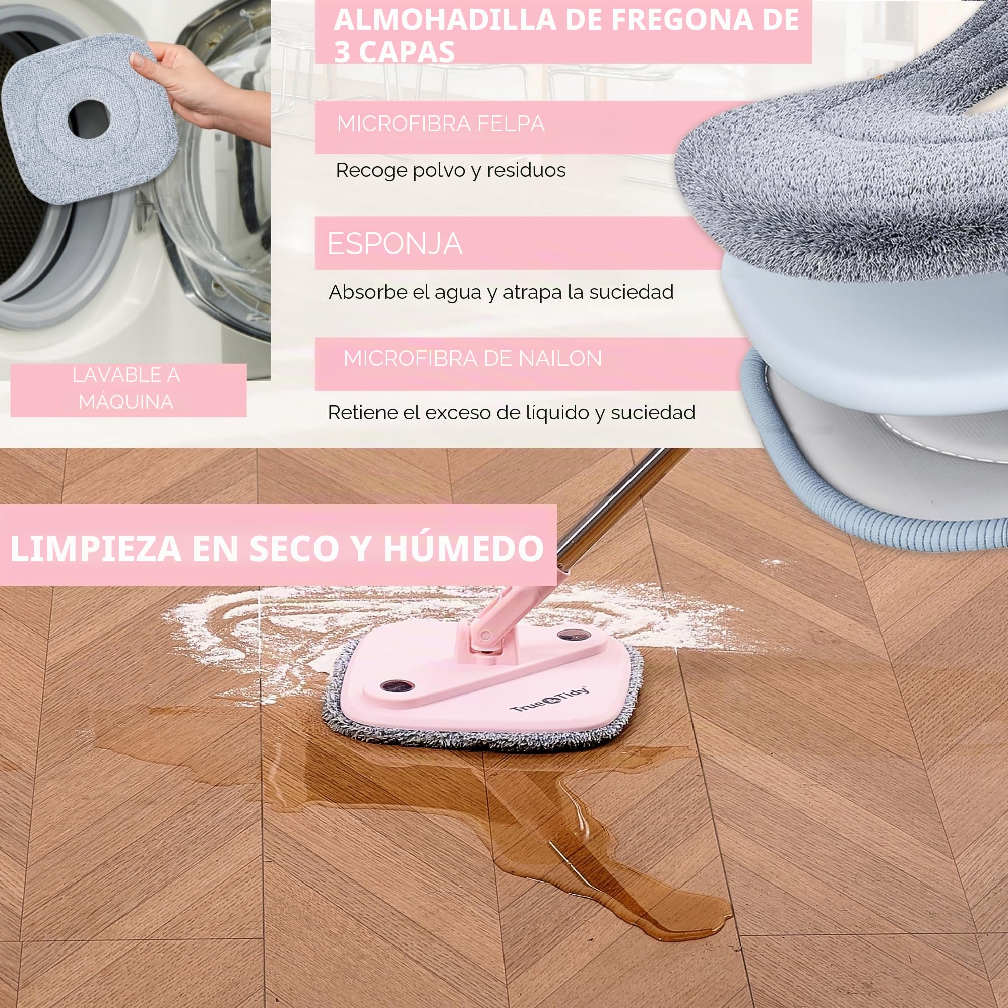 True & Tidy® True Clean - Sistema de fregona y Cubo, Incluye Cubo de fregona de Giro Cuadrado, Cubo de fregona de Doble Compartimento y 2 Almohadillas Gruesas Lavables a máquina, Nuevo Mejorado con