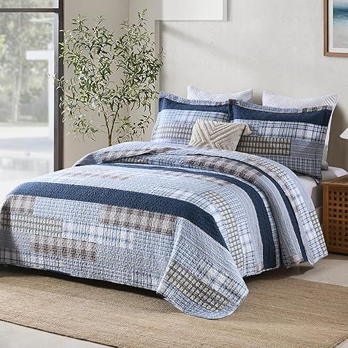 Miniatura 8 de SahSahCasa Juego de edredón tamaño King juego de edredón de 100  algodón juego de ropa de cama King colcha reversible de estilo rústico a cuadros