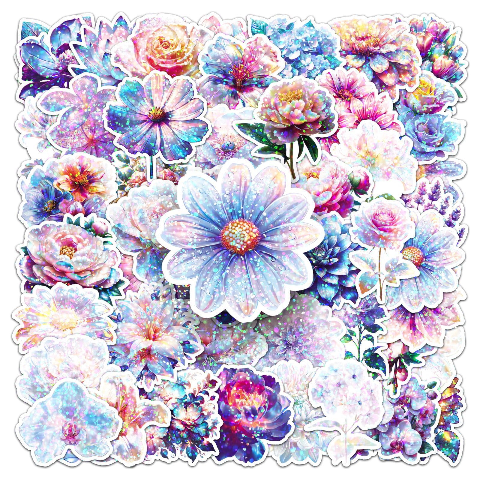 50Pcs Holographic Flower Stickers Botanical Themed Vinyl Decals for Laptops Skateboards Luggage Helmets Bikes and Phones Fans Lovers and Floral Vibe Enthusiasts
