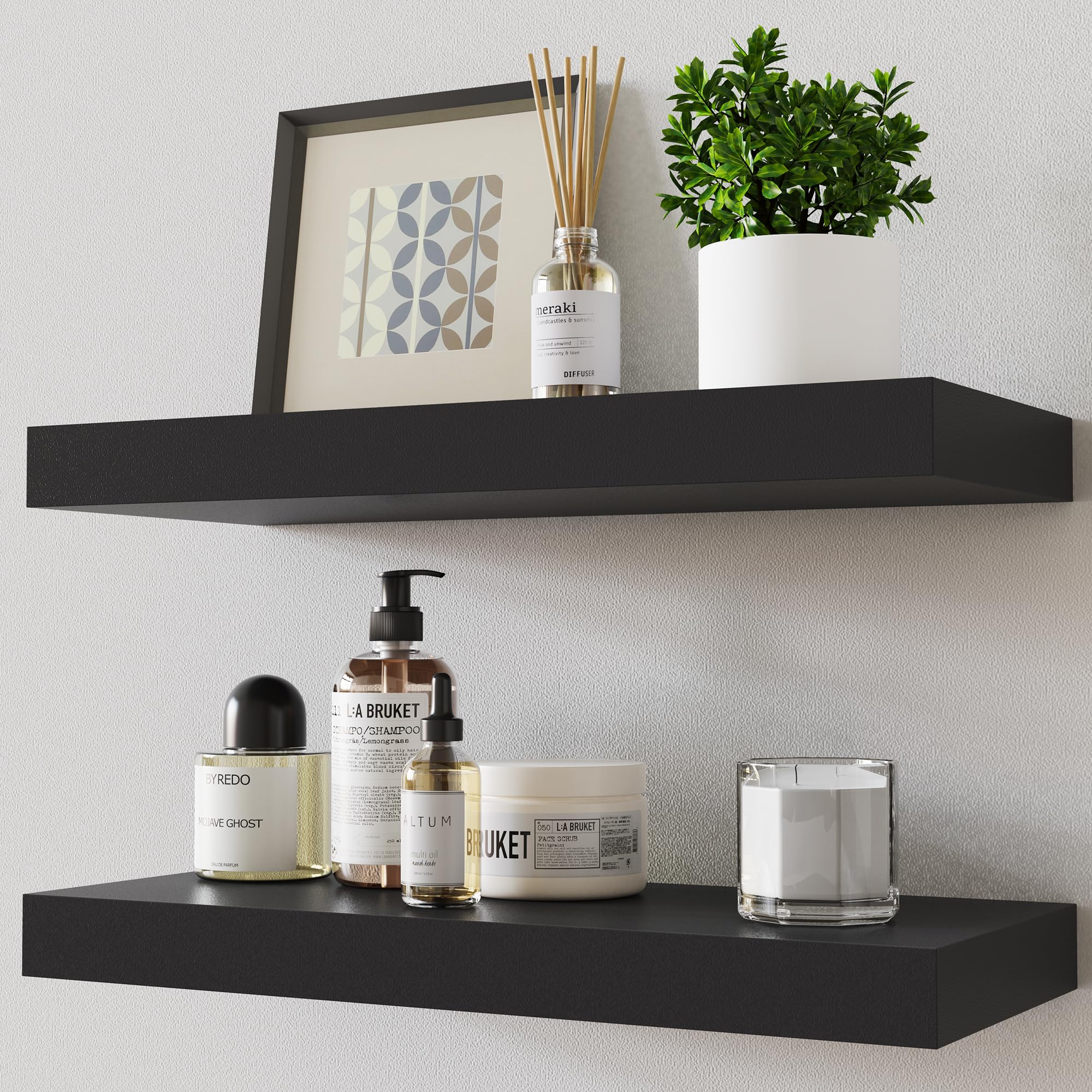 Bellsal Floating Shelves, Black Engineered Wood Wall Shelf Set of 2, 15" Wall Mounted Floating Shelf, Hanging Wooden Shelf Invisible with Brackets for Bedroom, Kitchen, Living Room, Bathroom Decor