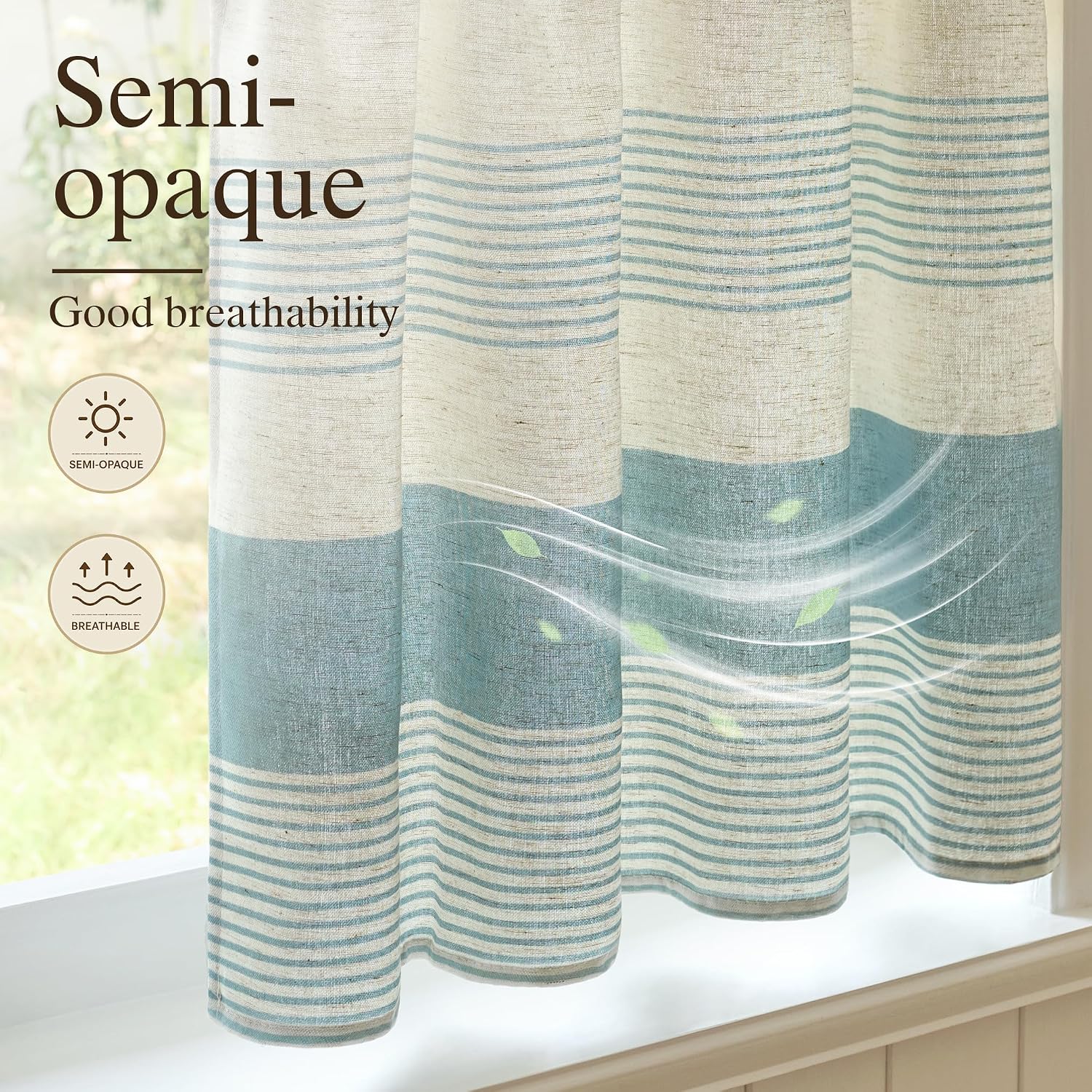 Striped Linen Kitchen Tier Curtains, 36 Inch, Fog Blue, 2 Panels