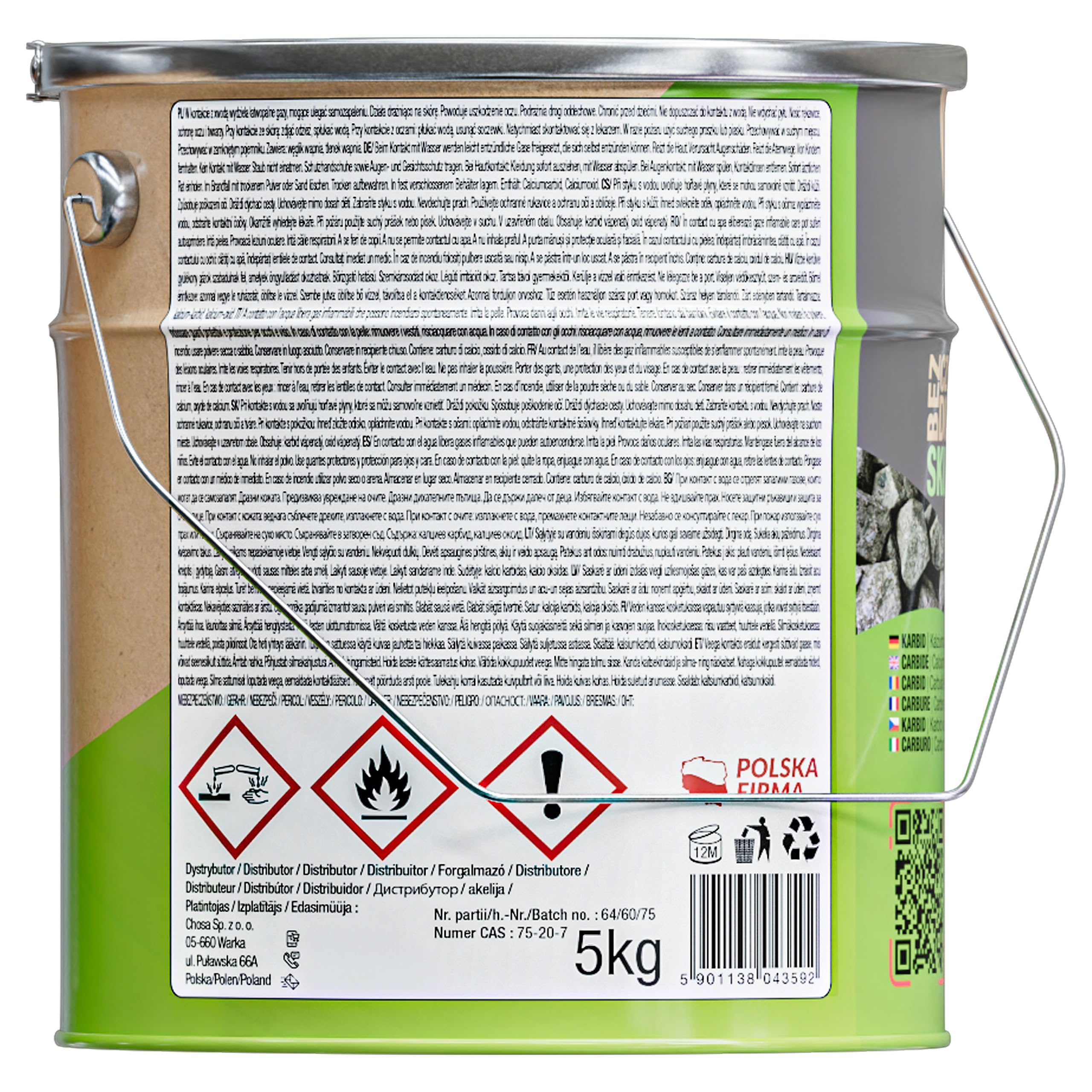 CHOSA Carburo di Calcio 5 kg - CAC₂ Puro al 100%, Senza Additivi - per Lampade Acetilene, Saldatura e Giardino - Robusta Scatola di Metallo – la Confezione Protegge dall'umidità – Chiusura Ermetica