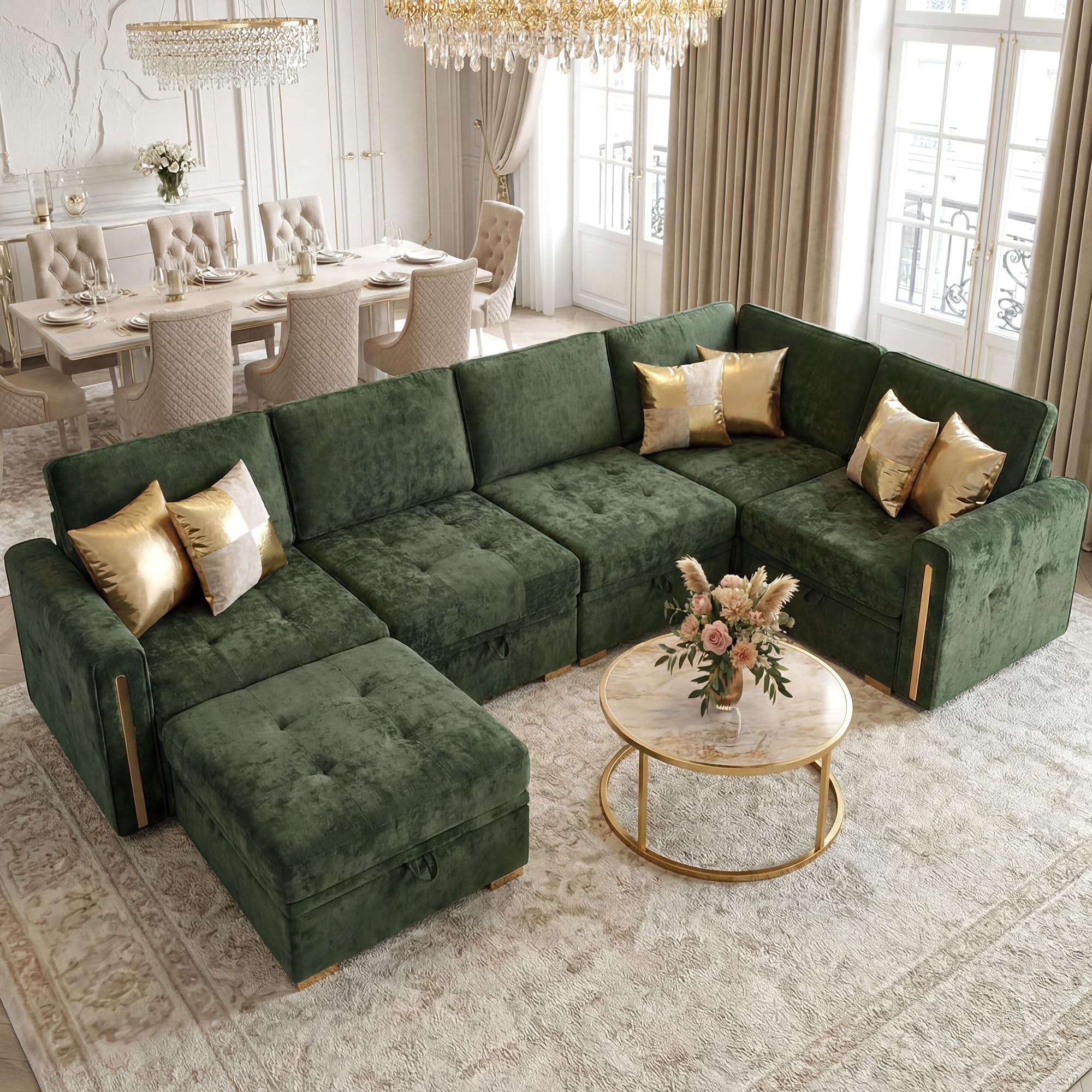 smilesun Oversized Modular Chenille U-Shaped Sectional Sofa with Storage Convertible Comfy Extra Deep Wide Seating with Gold Metal