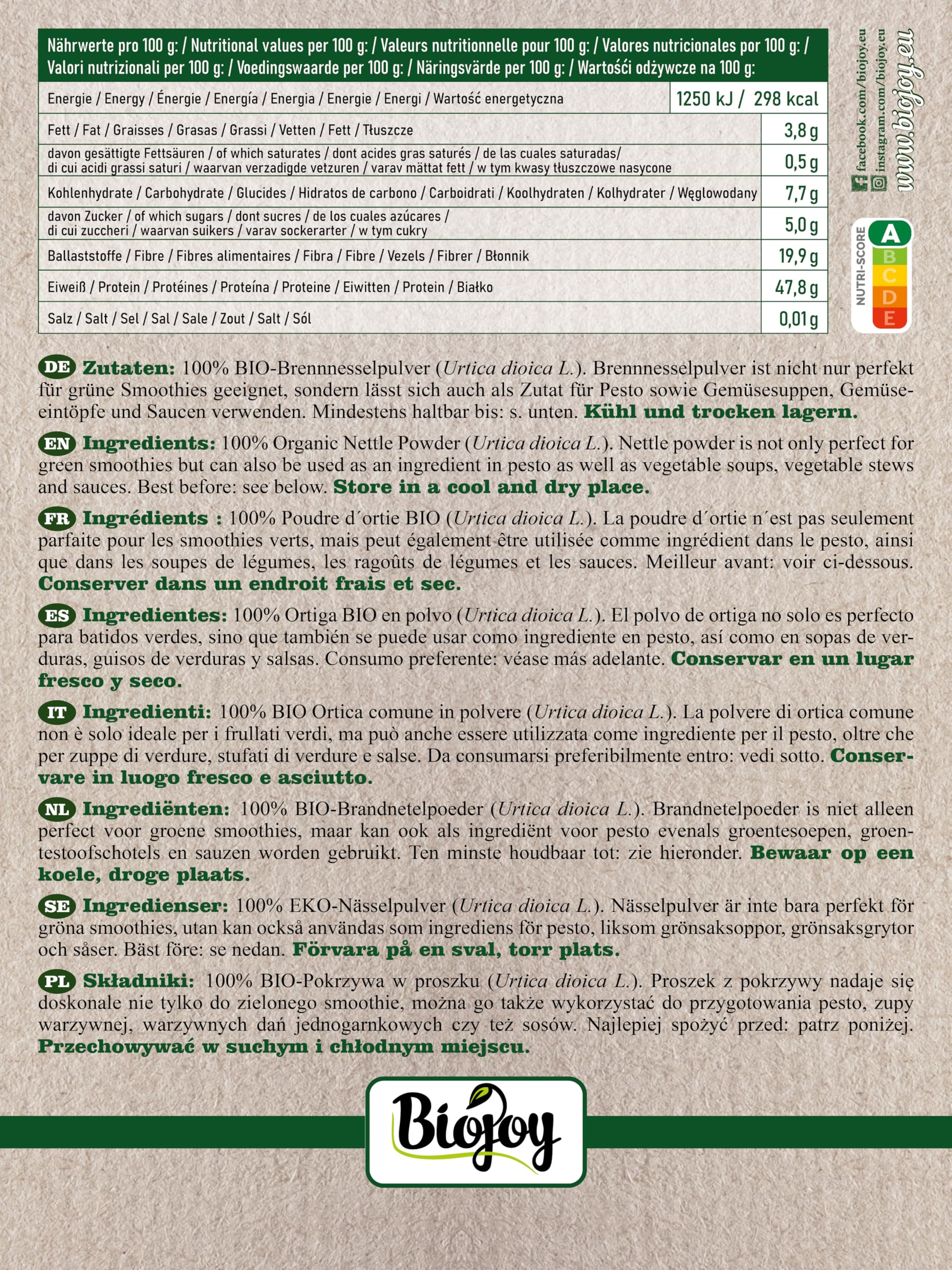 Biojoy Ortica in Polvere BIO (500 g), Foglie di Ortica Essiccate e Macinate, Tè all'ortica (Urtica dioica)