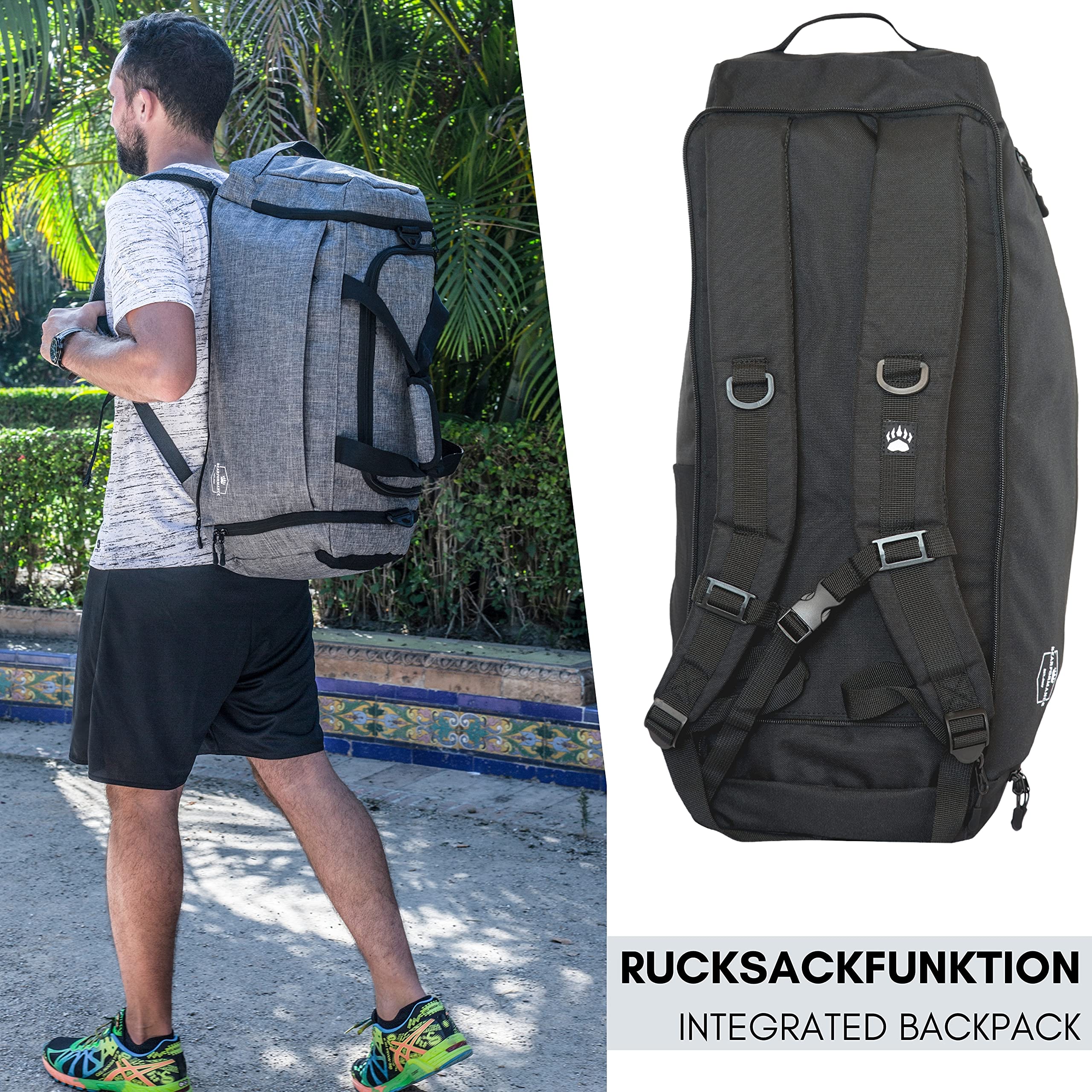 Ultimate Sportbag – Sporttasche mit Schuhfach, 70L, Schwarz | Herren & Damen | Rucksackfunktion | Nassfach | Sport, Reise, Gym | recyceltes PET | 12 Fächer