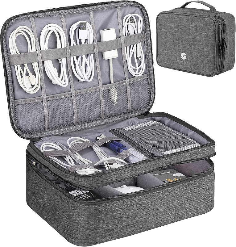Organizador de viaje, bolsa de cable impermeable para accesorios electrónicos Bolsa de almacenamiento grande a prueba de golpes de doble capa para cable, disco duro, banco de energía, tableta -Gris