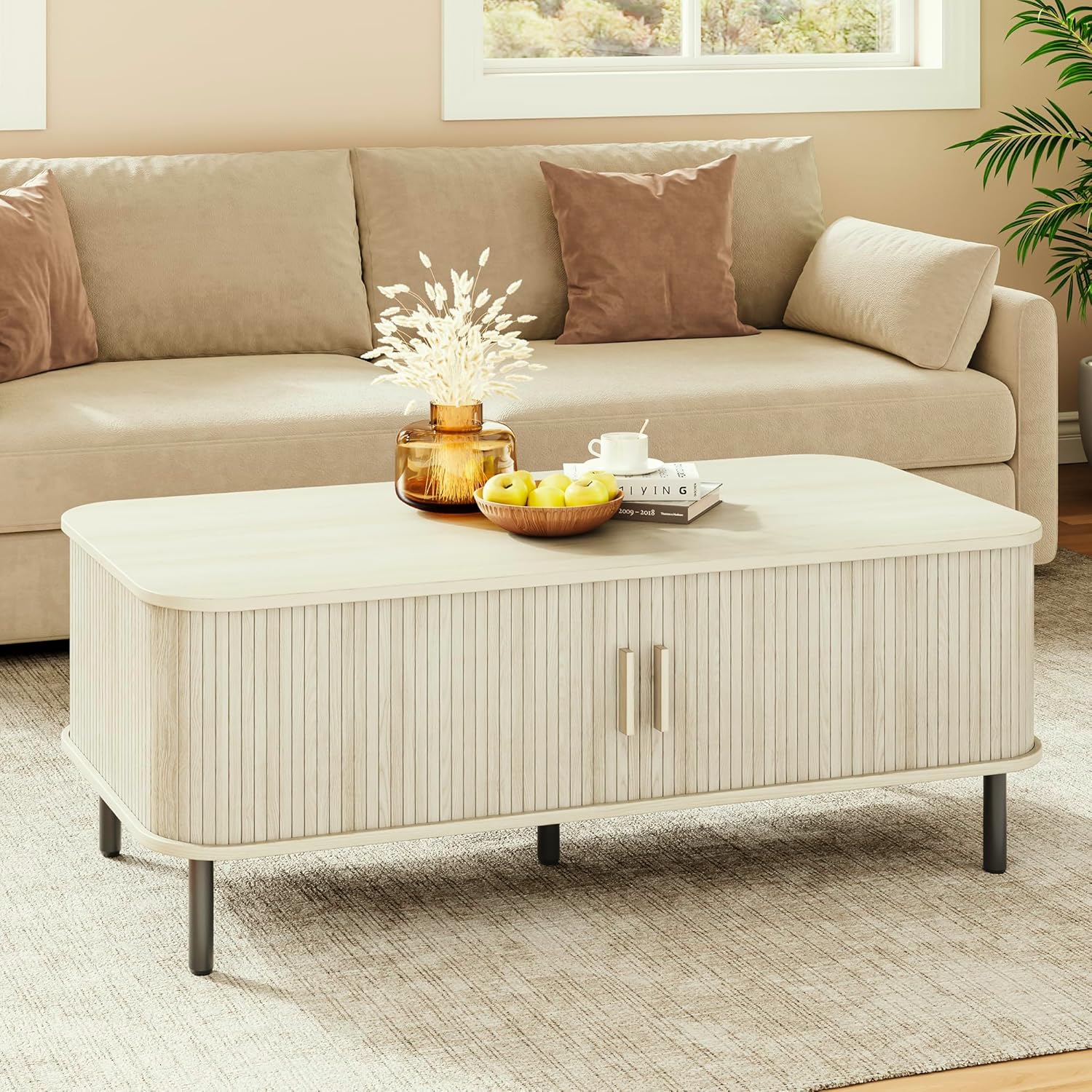 Onbrill 47.2" Mid Century Modern Coffee Table with Storage and Sliding Tambour Door, Natural White
