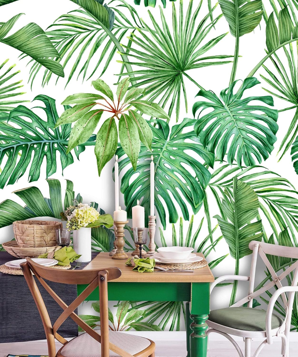 Removable Peel and Stick Wallpaper, Self-Adhesive Accent Wall Mural, Tropical Pattern, Nursery, Room Decor • Tropical Leaves Monstera Palms (1 roll 24" W x 96" H)