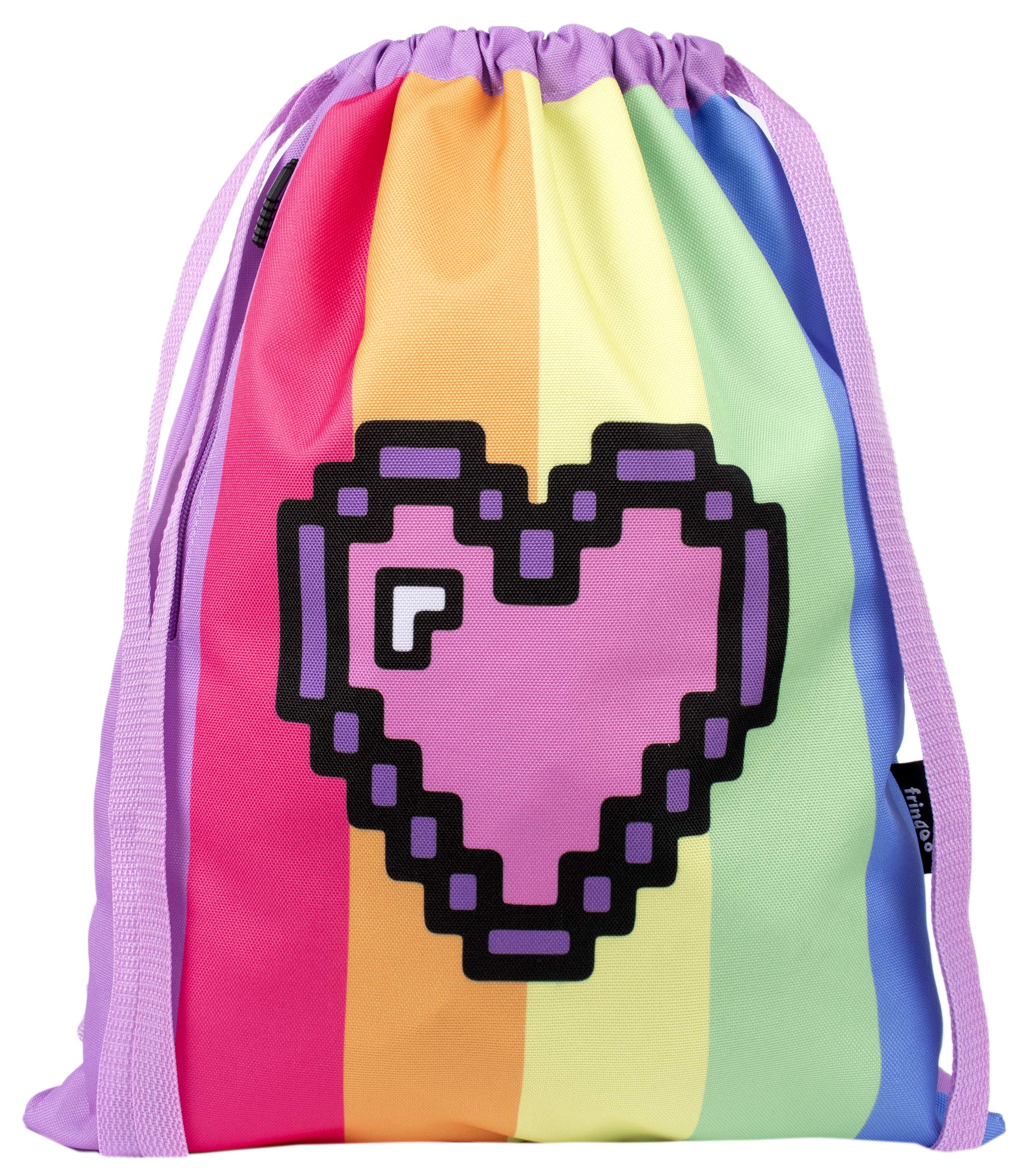 FringooKids Drawstring Bag | Perfect School Bag, PE Kit Bag, Swimming Bag or Sports Kit Bag | Includes 1.5cm Straps for Comfort -, Rainbow Pixel Heart, L