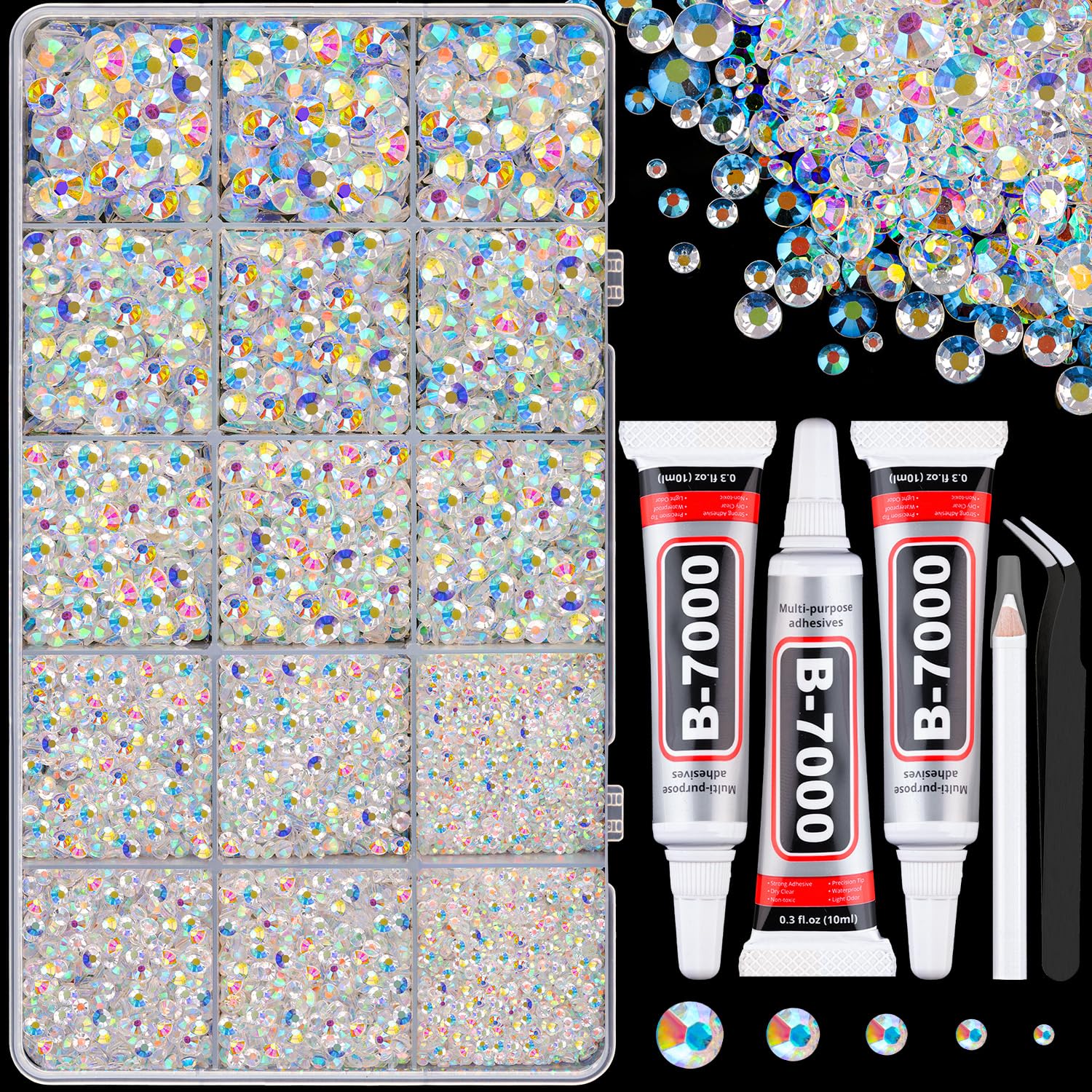 Jelly Resin Rhinestones with Tweezers for Crafts, Clear AB Gemstones, Flatback, with 3 Pieces 10ml B7000 Jewelry Glue for Crafts, Clothing, Cups, Shoes, Fabric,-image-44