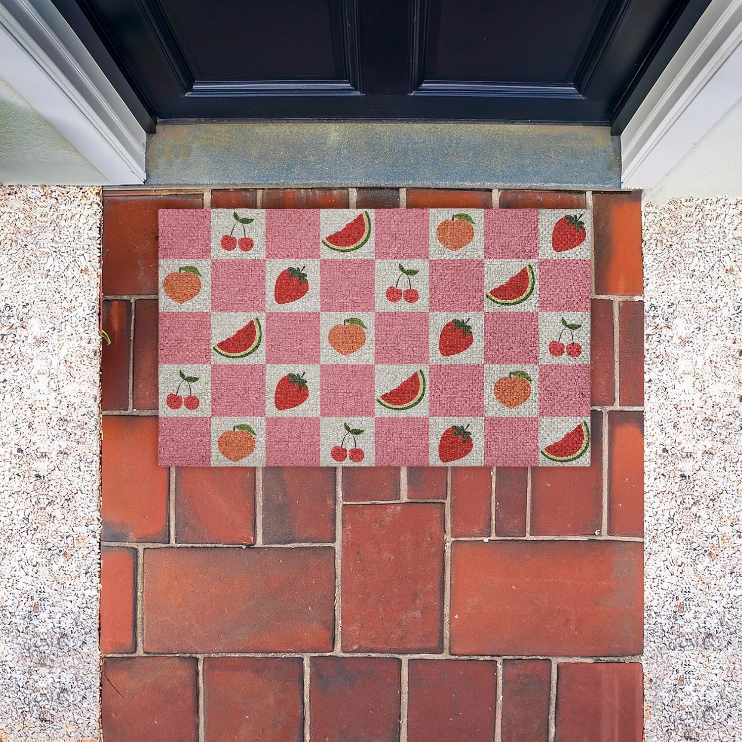Pink Kitchen Fruits Checkered Outdoor Door Mat, Durable Non-Slip Woven Natural Texture Mat with Recycled Rubber Backing, Weather-Resistant Retro Kitchen Fruit Design by Lil' Rue, 18"x30"