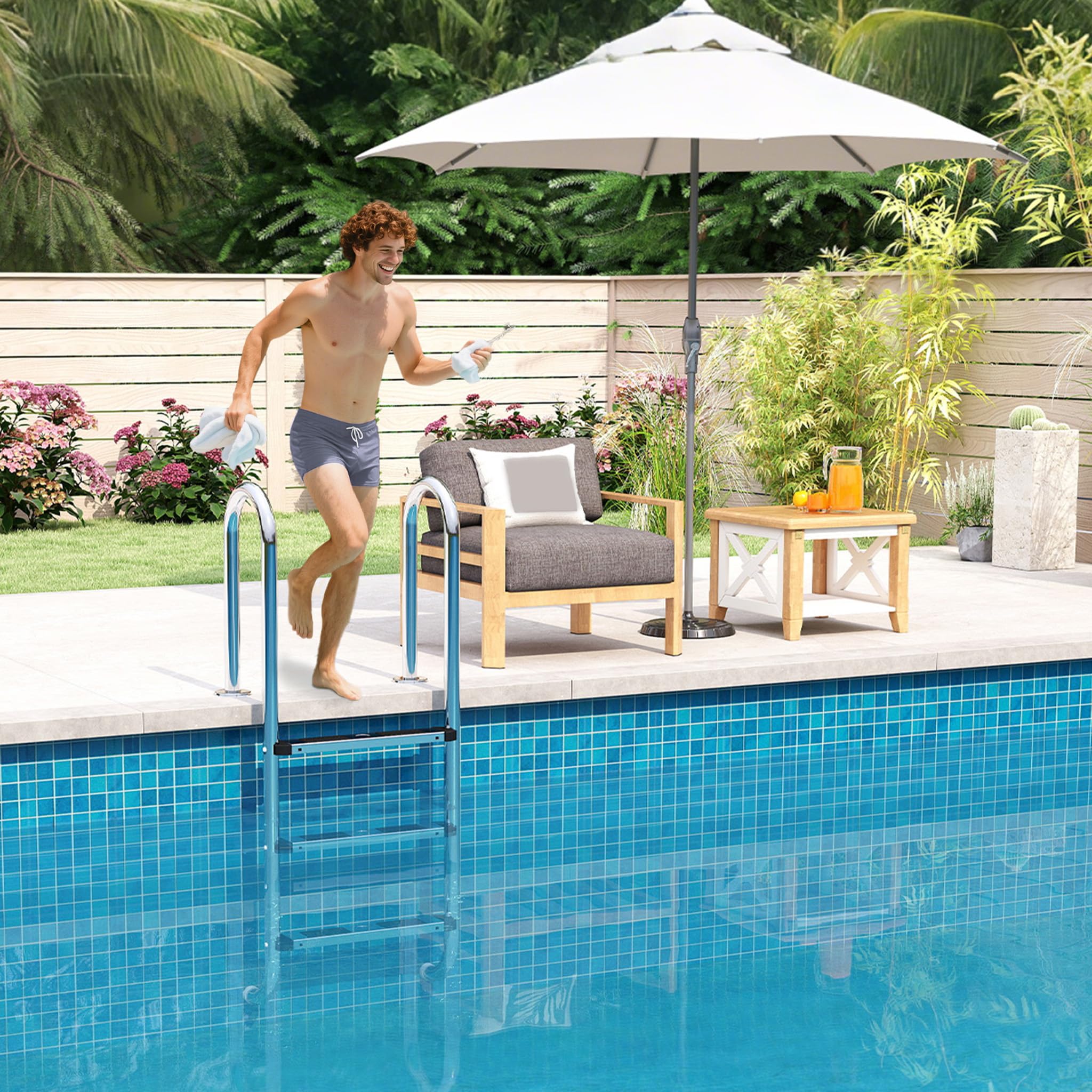 RELAX4LIFE Edelstahl Poolleiter – 3 Stufen, Rutschfest, 132 Cm Hoch | Für Schwimmbecken, Badebecken, Spas