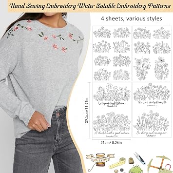 Water Soluble Stabilizer Embroidery Pattern - Bible Flower Stick & Stitch Embroidery Paper Wash Away, Wildflower Hand Sewing Patterns for T-Shirt Bag Towel (4 Sheets)