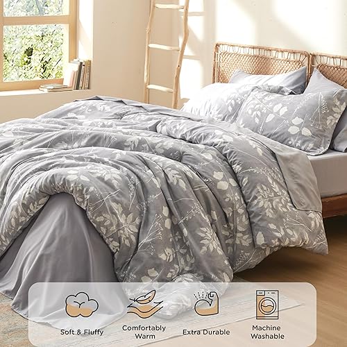 Miniatura 3 de Bedsure Juego de edredón King  7 piezas de ropa de cama gris floral en una bolsa con edredón reversible de flores botánicas, sábanas, fundas de