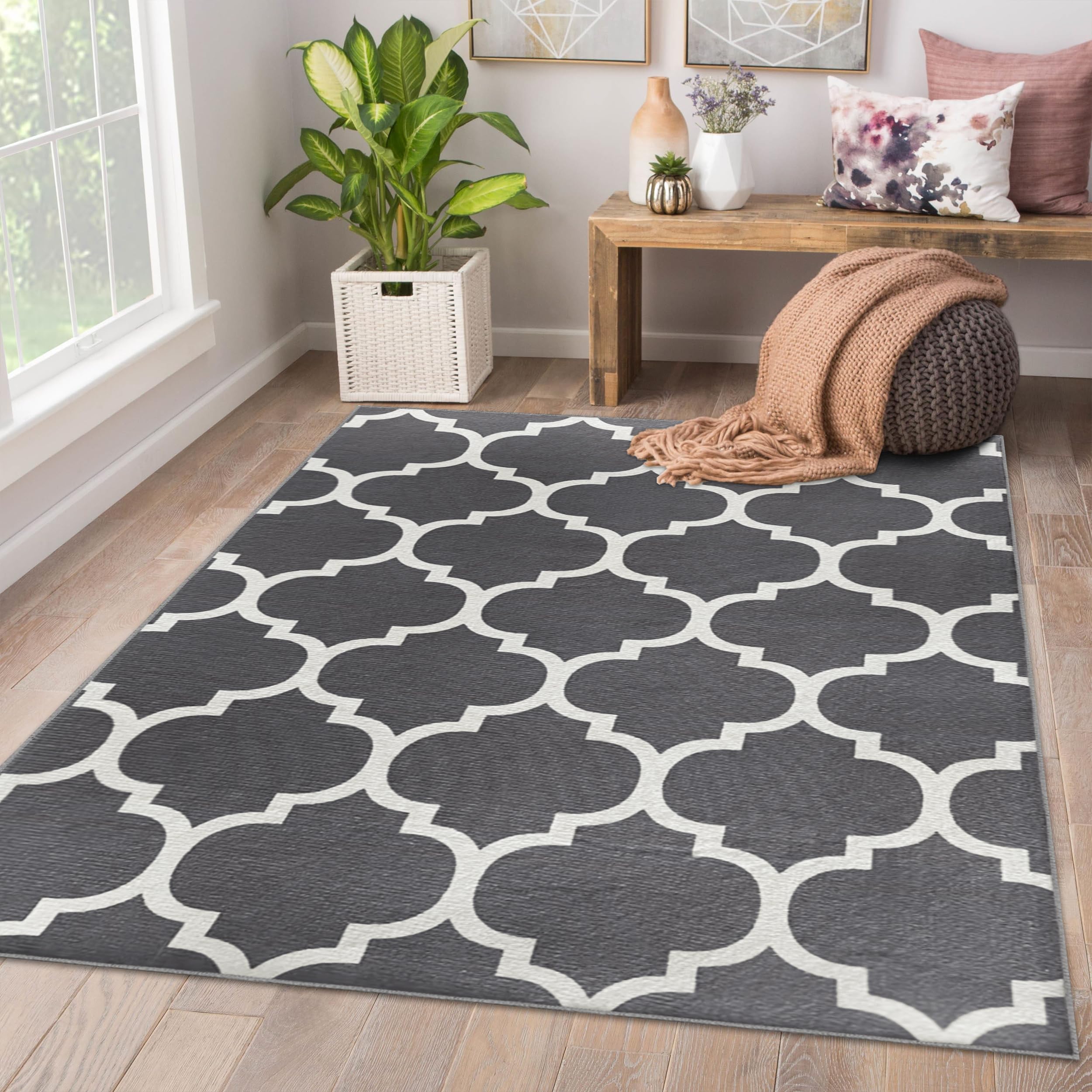 AMEHA Rugs Living Room Large 160x230 cm - Grey Area Rugs for Bedroom Non Slip - Modern Carpet Non Shedding Trellis Style Durable Soft Low Pile Bedside Rug for Kids Room Easy to Clean (Ava Grey)