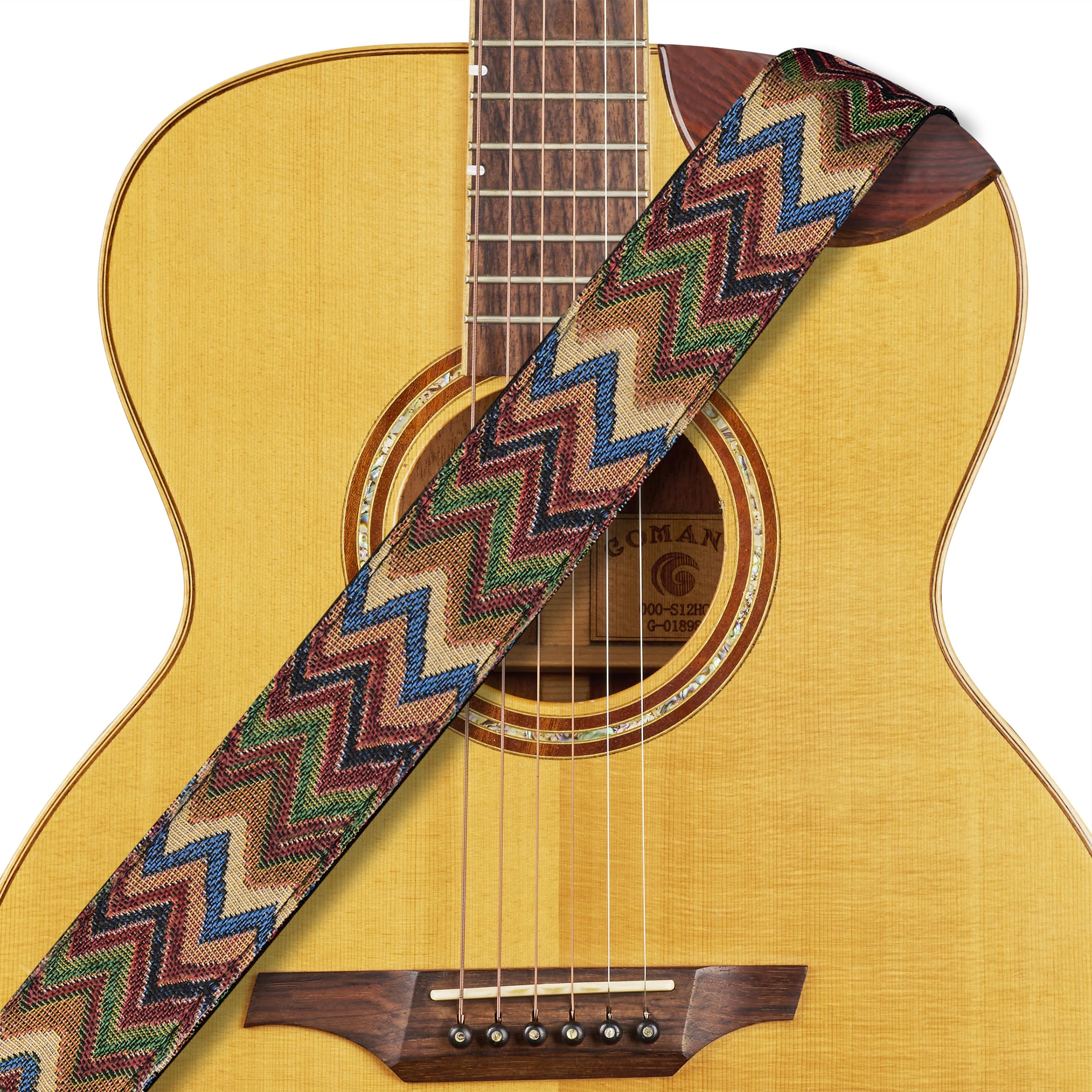 Amumu 2" Chevron MultiColor Guitar Strap with Vegan Leather Ends for Acoustic, Electric and Bass guitar - Includes Strap Blocks and Headstock Tie, Adjustable 37'' to 63"