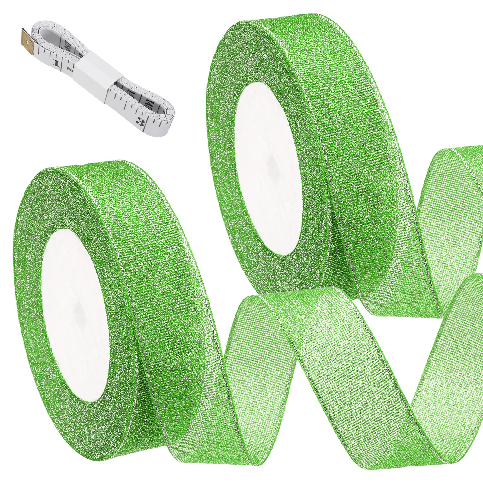 sourcing map 2 Roll Fruit Green Glitter Ribbon (22 Meters, 2.5cm Wide) with Silver Thread Sparkly Metallic Fabric Ribbon - Sparkly Practical, for Gift Wrapping Balloons Craft DIY Decor Holiday โ image 1