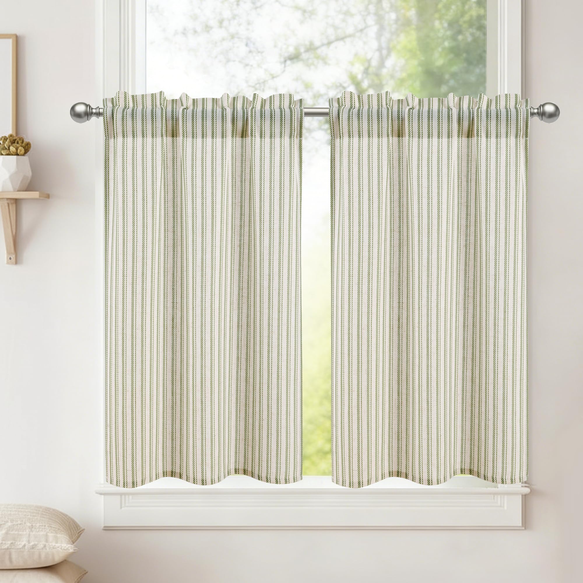 DWCN Kitchen Curtains 36 Inch Drop, Cafe Curtain Valance for Small Window, Sink, Rod Pocket Stripted Drapes, Light Filtering Curtain Tiers for Half Window, Basemet, W26x L36, 2PCS, Green Stripes