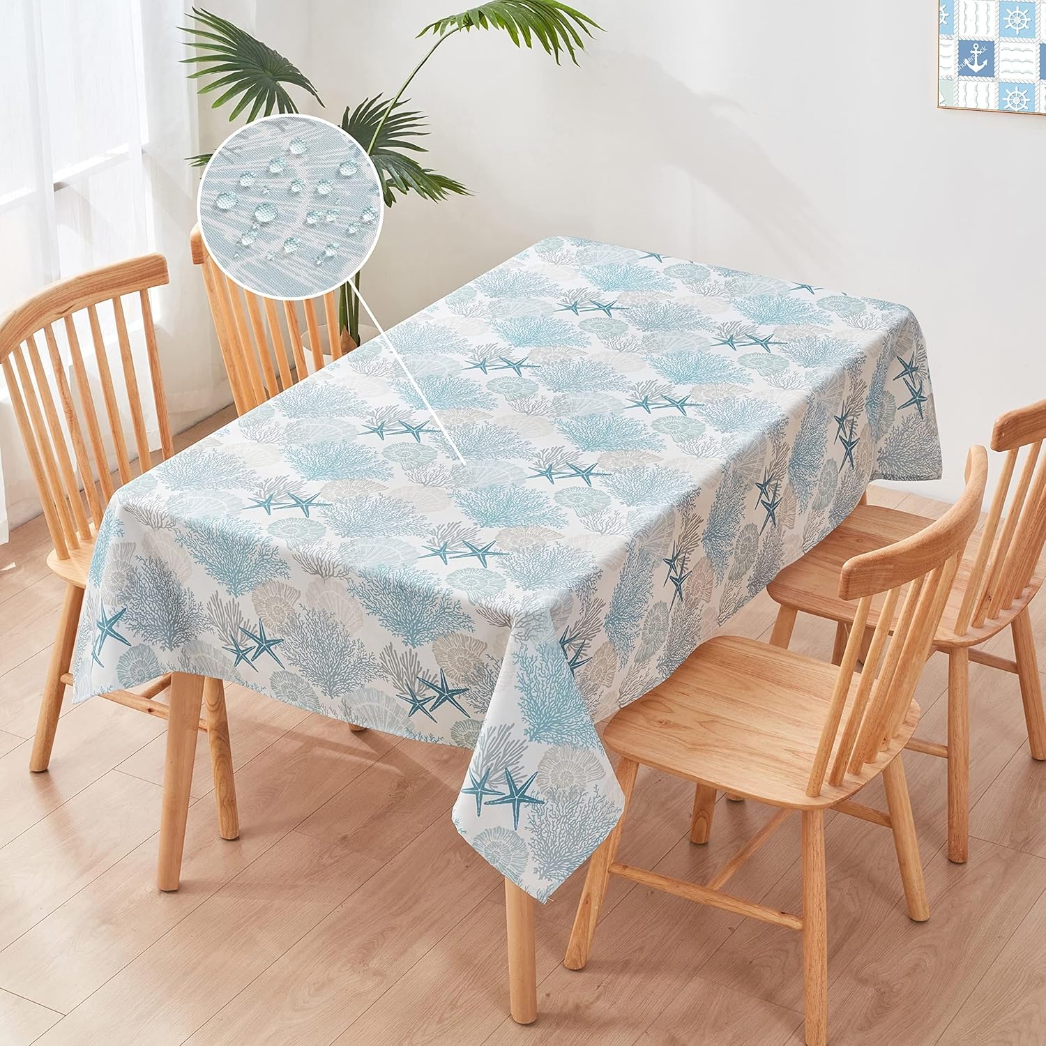 Nautical Coastal Rectangle Tablecloth Beach Ocean Print Table Cloth Waterproof Stain Resistant Wrinkle-Free Table Cover for Kitchen Dining Room Indoor and Outdoor Picnic Party 60x84 Inches