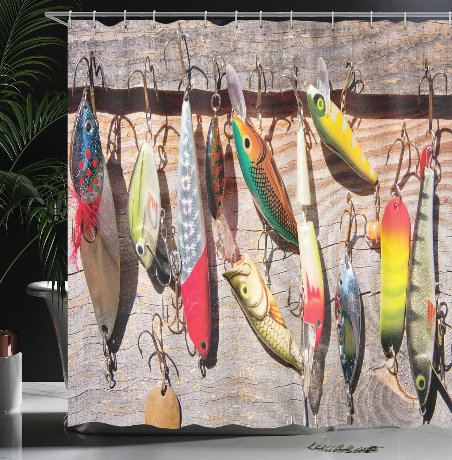 Ambesonne Fish Shower Curtain, Sets Bait Pattern on Rustic Boards Fishing Themed Photography, Cloth Fabric Bathroom Decor Set with Hooks, 69" W x 70" L, Taupe Yellow