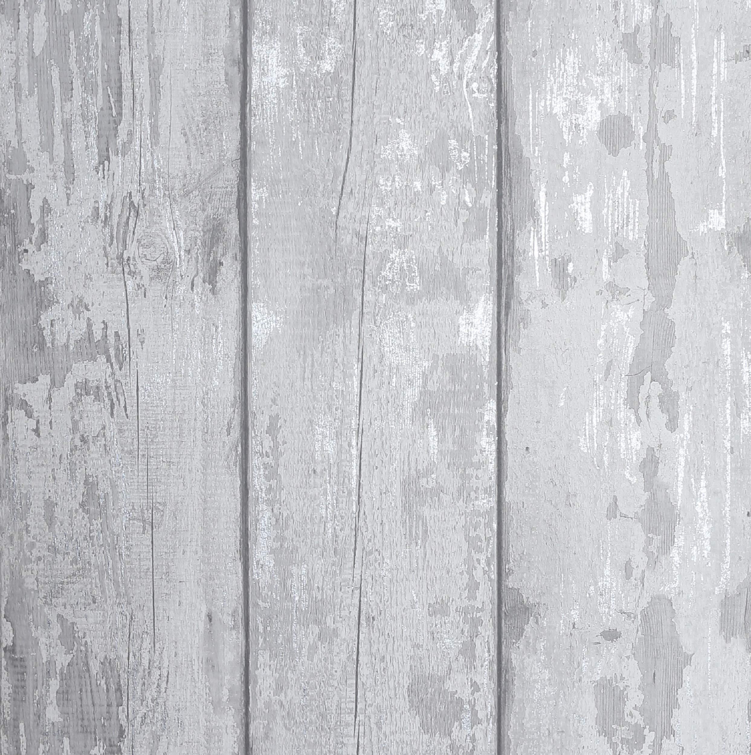 Metallic Washed Wood Grey and Silver Wallpaper -908501
