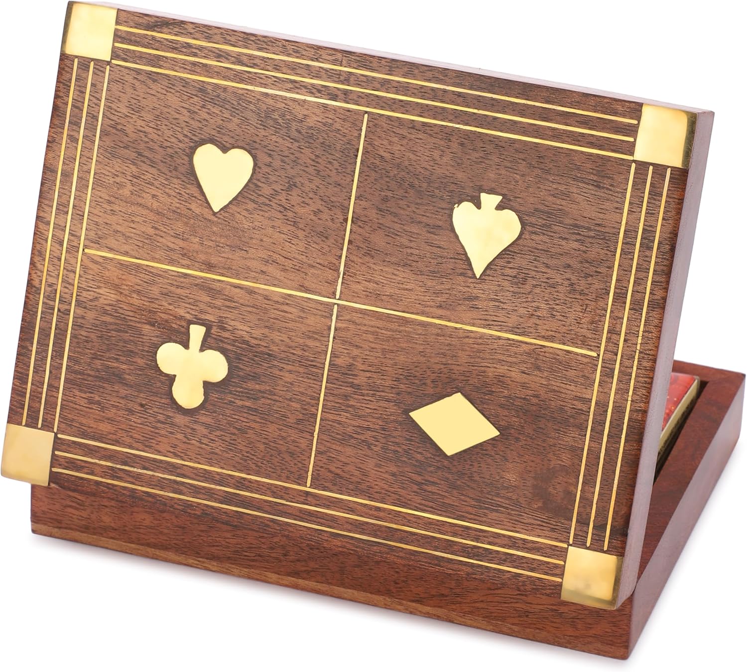 Ajuny Handcrafted Decorative Wooden Double Deck Playing Card Box Holder Storage Case Organizer Brass Inlay With 2 Packs of Playing Cards Anniversary Housewarming Gifts