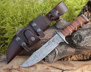 Damascus Hunting Knife, Bowie Knife with Stacked Leather Handle & Sheath 12" - SHOKUNIN USA