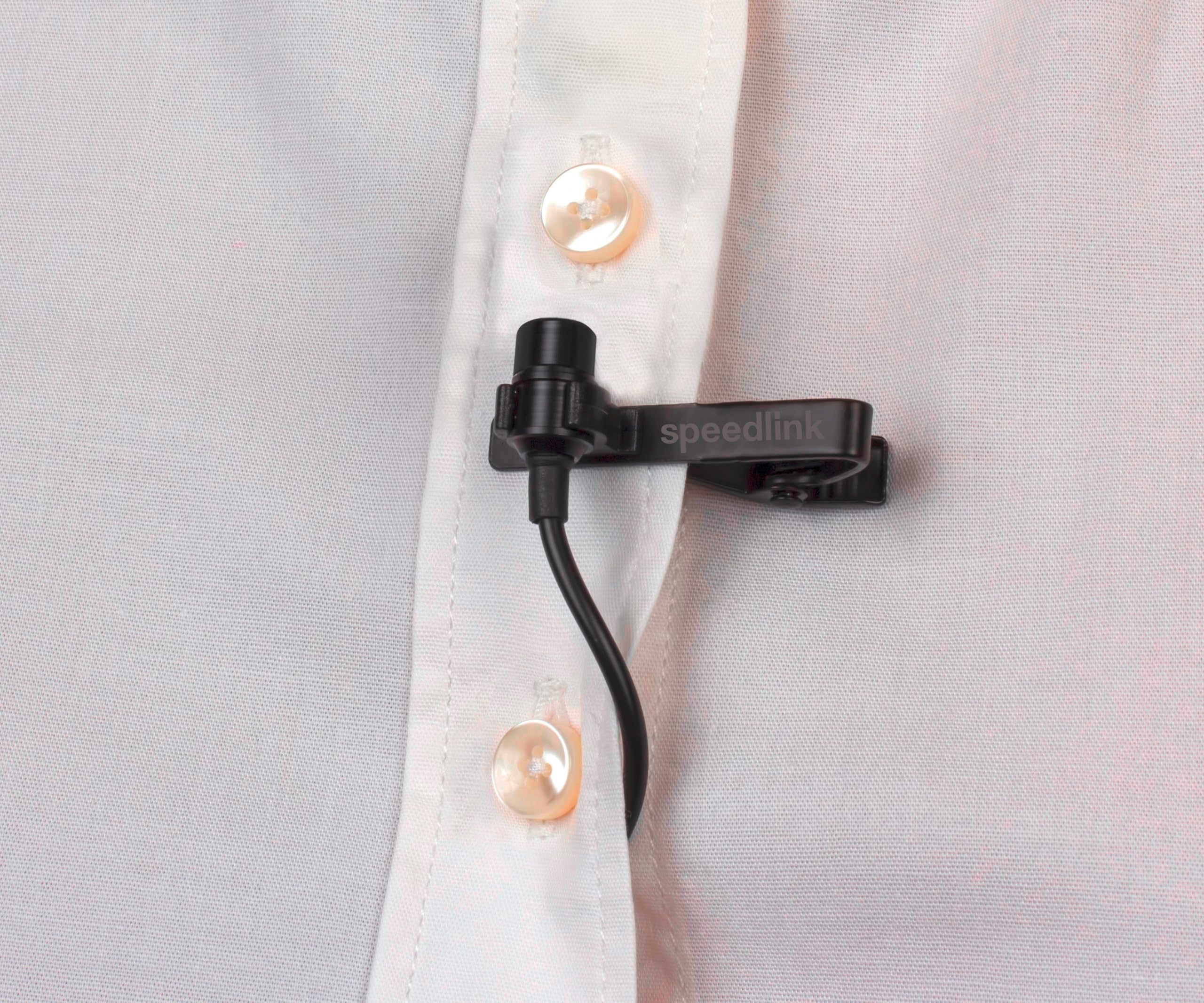 Speedlink SPES clip-on microphone with cable jack 3.5mm - Lavalier microphone with jack plug, clip-on microphone, detachable metal clip, noise cancellation, black