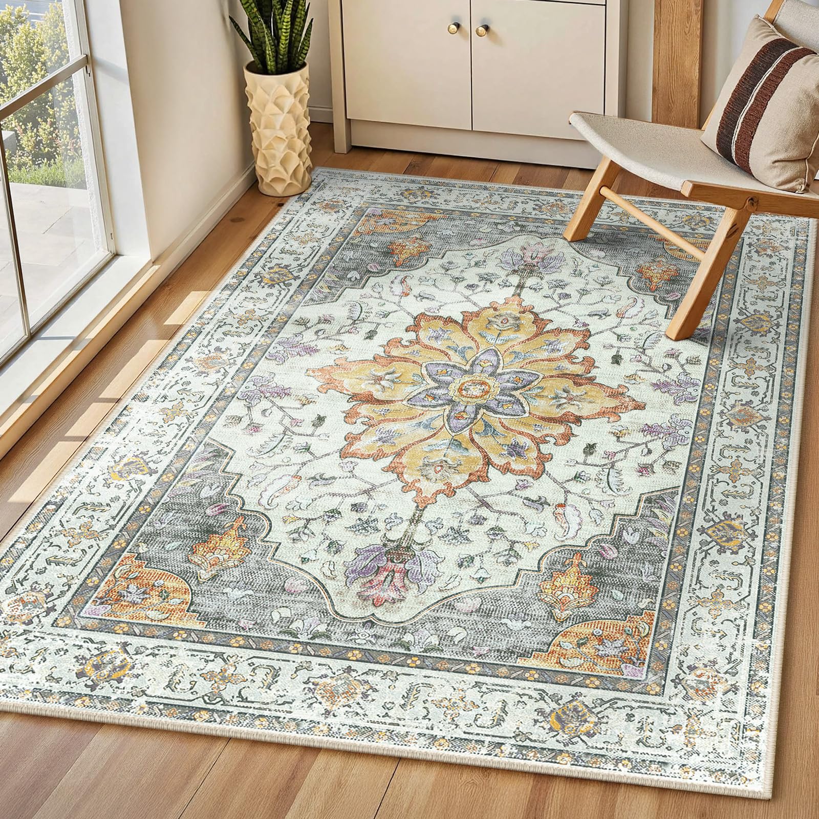 INOVADAY Machine Washable Rugs 90x150 cm Vintage Area Rug Low Pile Anti-Slip Carpet with Print Pattern for Living Room Bedroom Home Office Indoor Yellow/Grey/Orange/Purple โ image 1