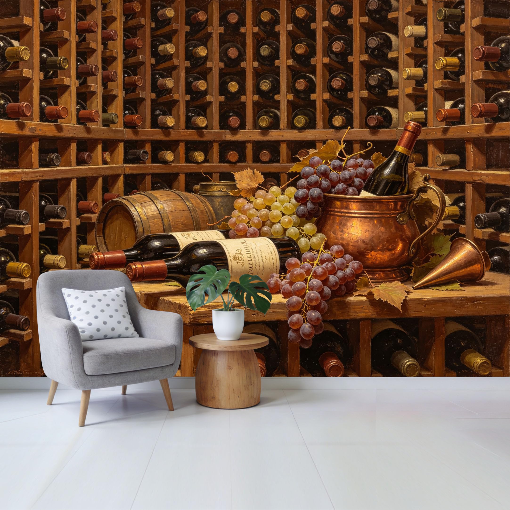 Qzlithotic Yq2605250592 Custom Size Wall Mural Vintage Wine Cellar Barrel And Grapes Oil Painting Style Selfadhesive Wall Fabric Removable Wallpaper For Home Office Decor