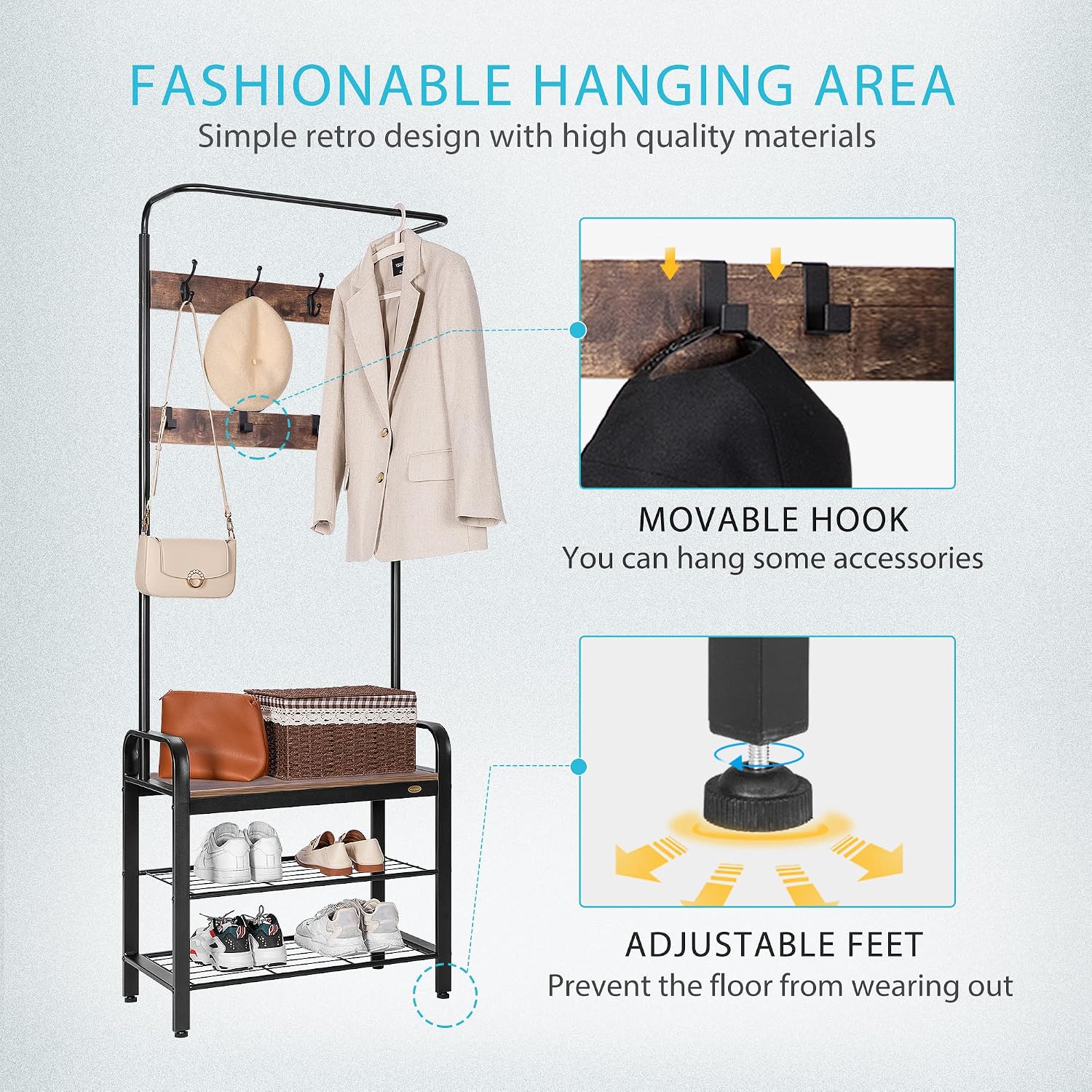 Image showing movable hooks and adjustable feet features.